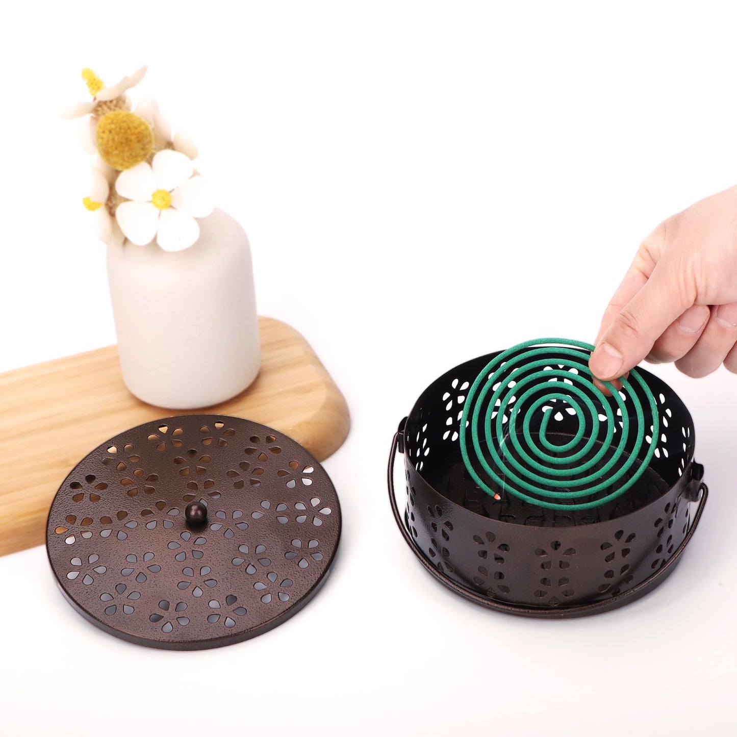 Portable Mosquito Coil Holder with Handle Round Heat-Resistant Iron Incense Coil Holder (Bronze)