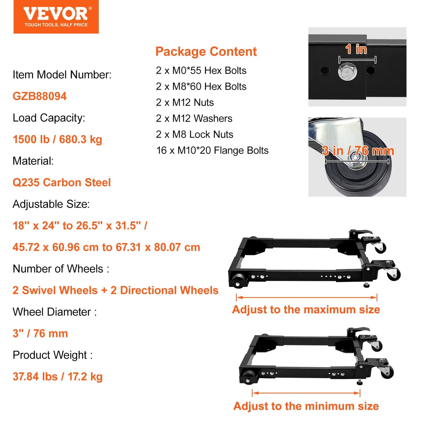 VEVOR Mobile Base, 1500 lbs Capacity, Adjustable from 18" x 24" to 26.5" x 31.5", Heavy Duty Universal Mobile Base Stand with Swivel Wheels, for Woodworking Equipment, Bandsaw, Power Tools, Machines