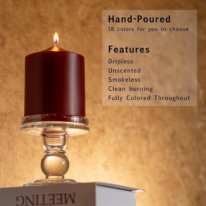 MOZEAL 3" x 8" Hand-Poured Unscented Candles,Large Dark Red Pillar Candles Set of 2,No Drip,Approx 120 Hours Long Burning,Wedding,Dinner,Christmas and Home Decor（3 Inch Diameter 8 Inch Height）