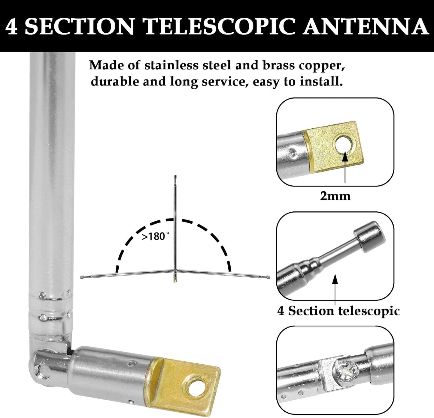 Aifeier ET 2Pcs 24 Inch 4 Telescopic Antenna, Long Section Stainless Steel Radio Antenna for Audio, TV Tuners, Radio
