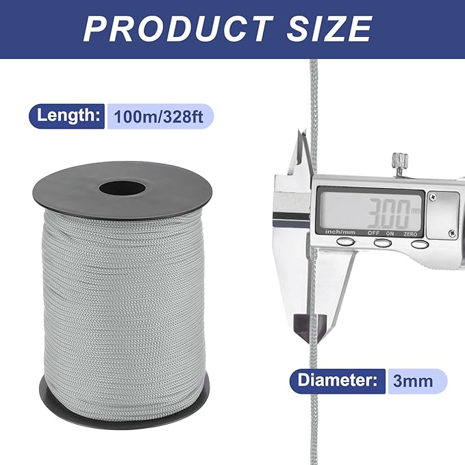 MECCANIXITY 1/8 Inch Polypropylene Rope Braided Ropes, 328ft Nylon Rope Hollow Utility Cord for Clothesline, Camping, Hiking, Outdoor, Light Grey