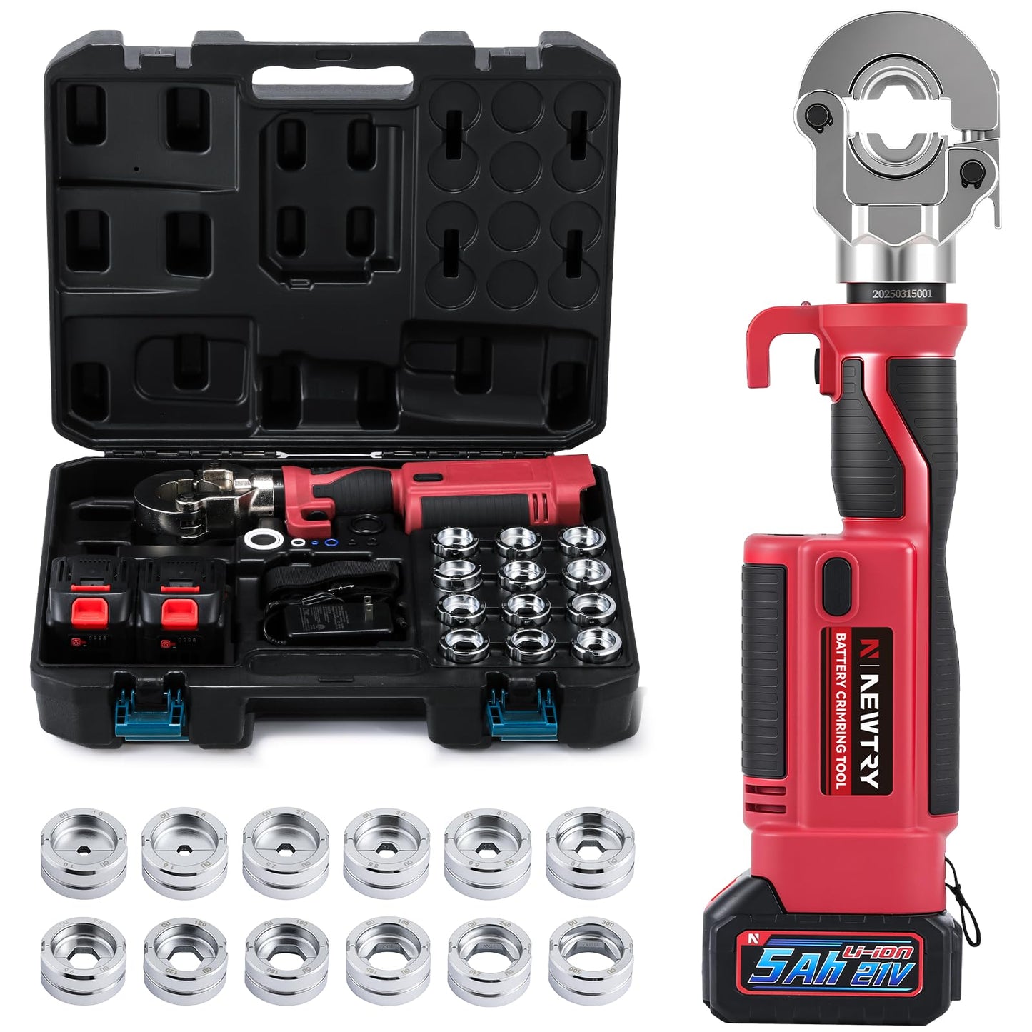 NEWTRY N300 Electric Hydraulic Cable Lug Crimping Machine 6 ton Rechargeable Cordless Terminal Cable Pliers 350° Rotatable 10-300mm² /8AWG-600MCM 12 Dies 2PCS 5000mAH