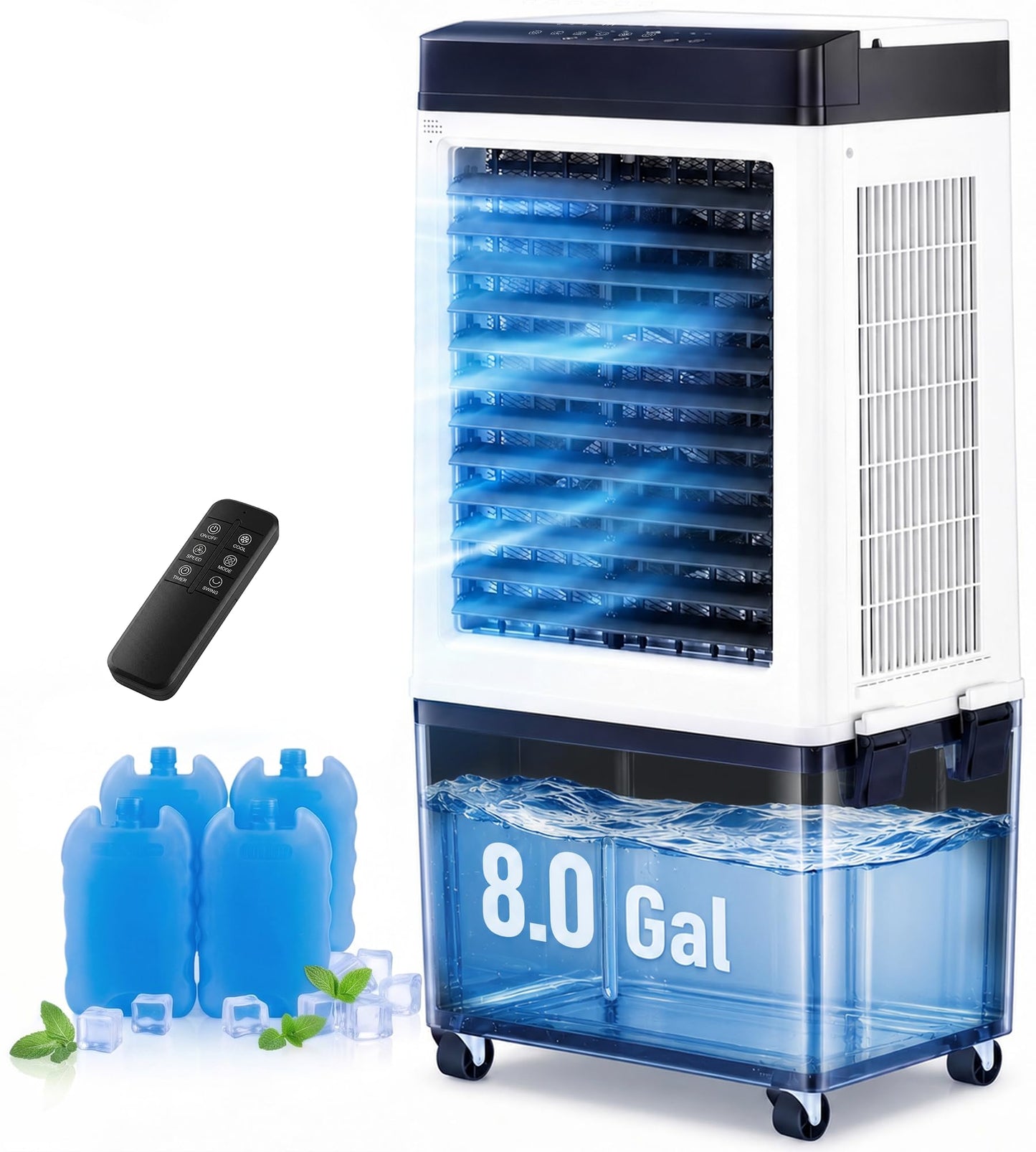 AKIRES 2200CFM Swamp Cooler,Evaporative Air Cooler with 8.0-Gal Water Tank, 4 Ice Packs, Portable Air Conditioners with Remote Control,12H Timer,Evaporative Cooler for Indoor,Outdoor Use (40IN)