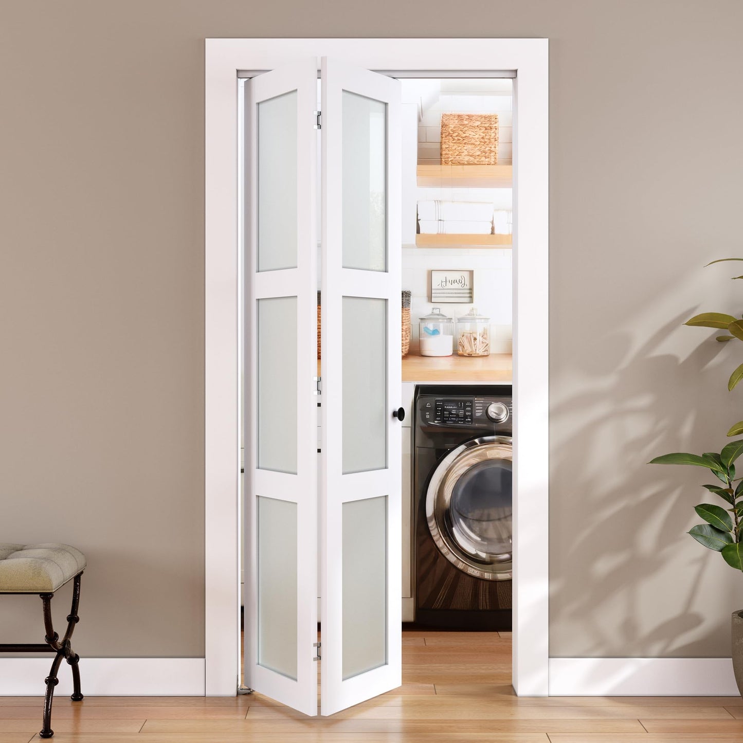SMARTSTANDARD Bifold Door, for 30"x 80" Opening,Tempered Frosted Glass Closet Folding Barn Door with Hardware Kit, Water-Proof PVC Surface,Easy Install,White