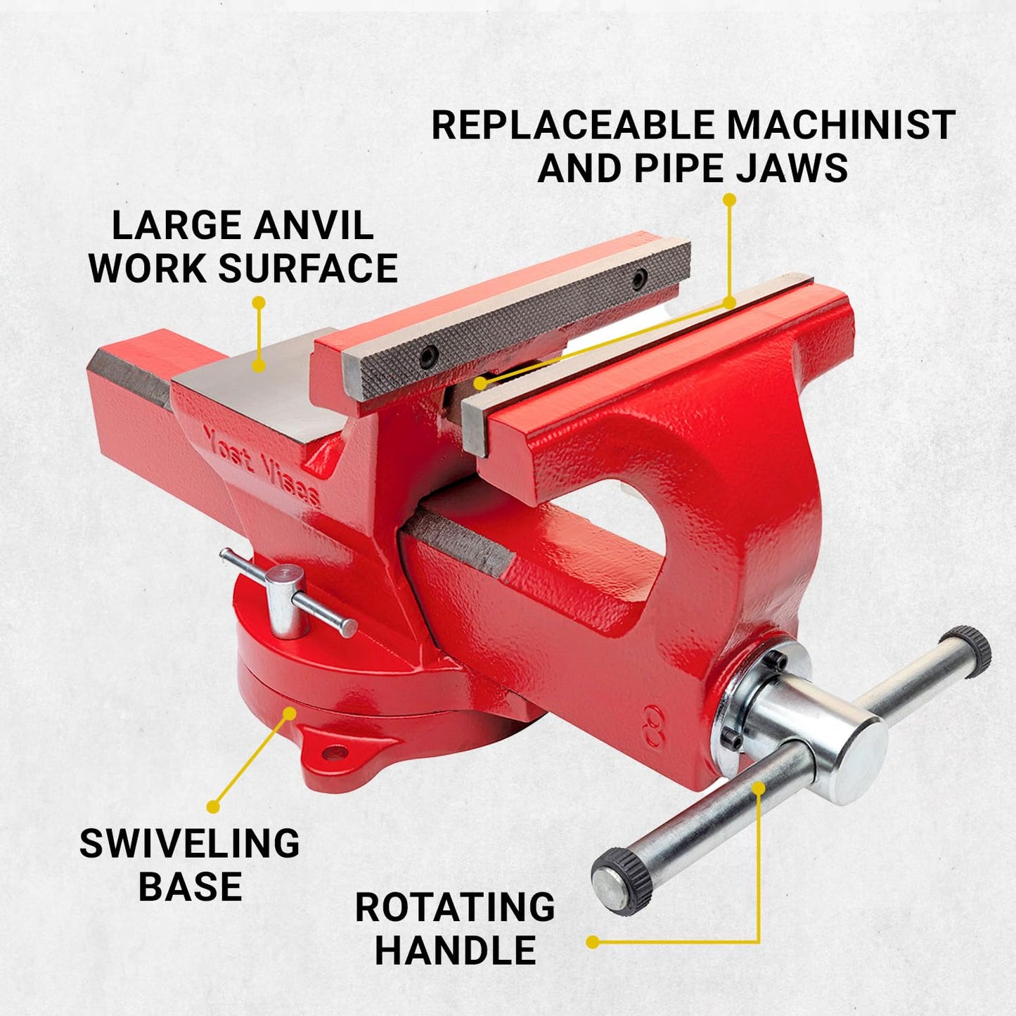 Yost Vises ADI-8 Heavy Duty Vise | 130,000 PSI Tensile Strength Austempered Ductile Iron Bench Vise | 8 Inch Jaw Width with a 360 Degrees Interlocking Swivel Base and 2 Lockdowns | Red