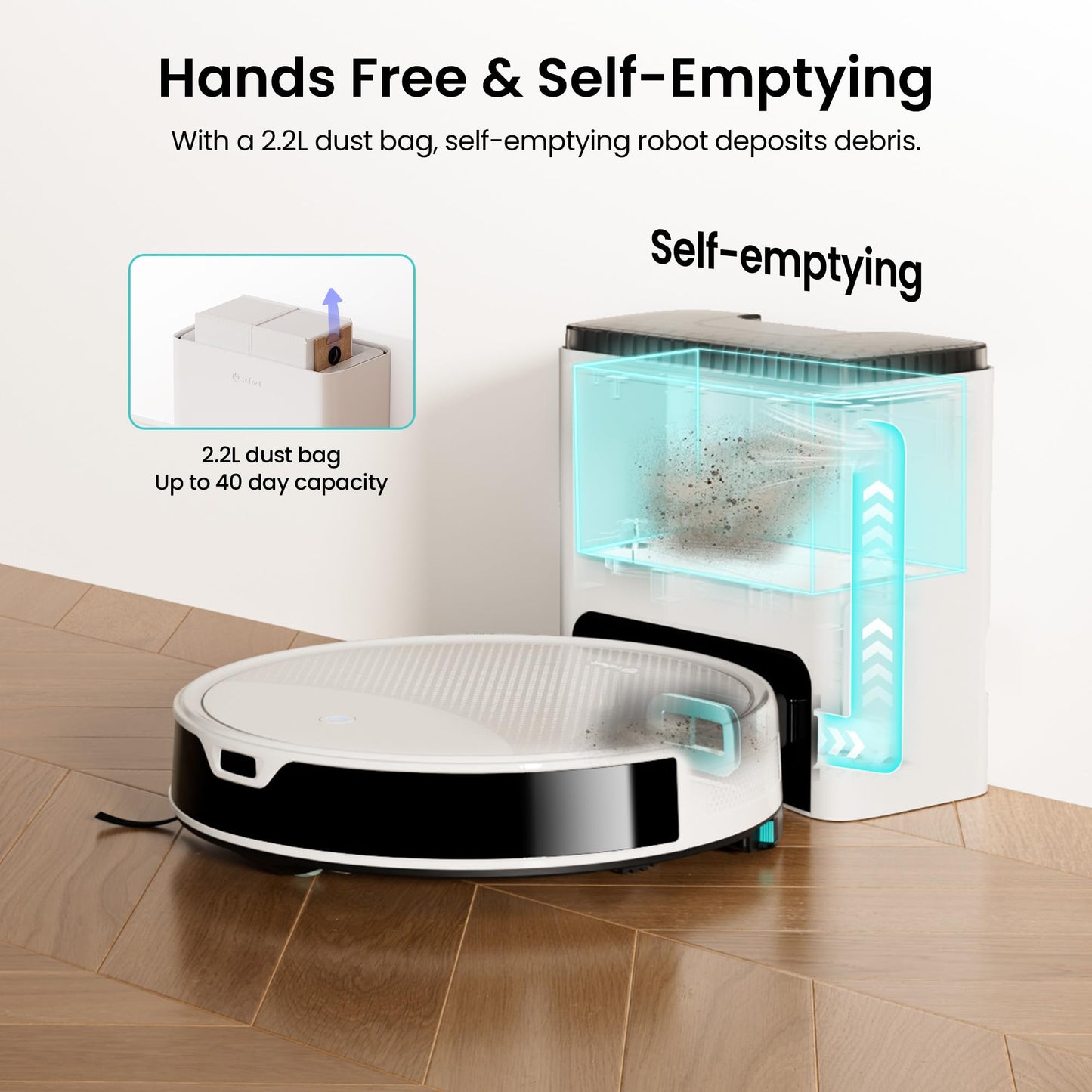 Lefant M350 Robot Vacuum and Mop Combo, 75-Day Self-Emptying, 190° PSD Obstacle Avoidance,6000Pa Suction，Quiet,Smart Navigation,Self-Charging, for Hard Floor, Carpet, Pet Hair,150 Min Runtime.White