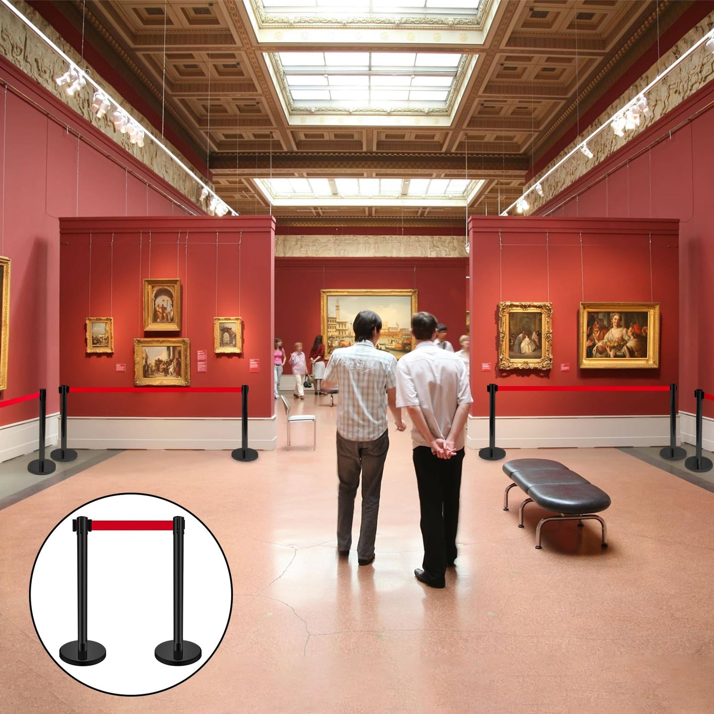 Ferraycle 4 Sets Stanchions with Retractable Belts in 6.6 ft Stainless Steel Crowd Control Stanchion Retractable Belt Barrier Line Dividers for Crowds Queue Line Pole, Easy Assembly (Red Belt)