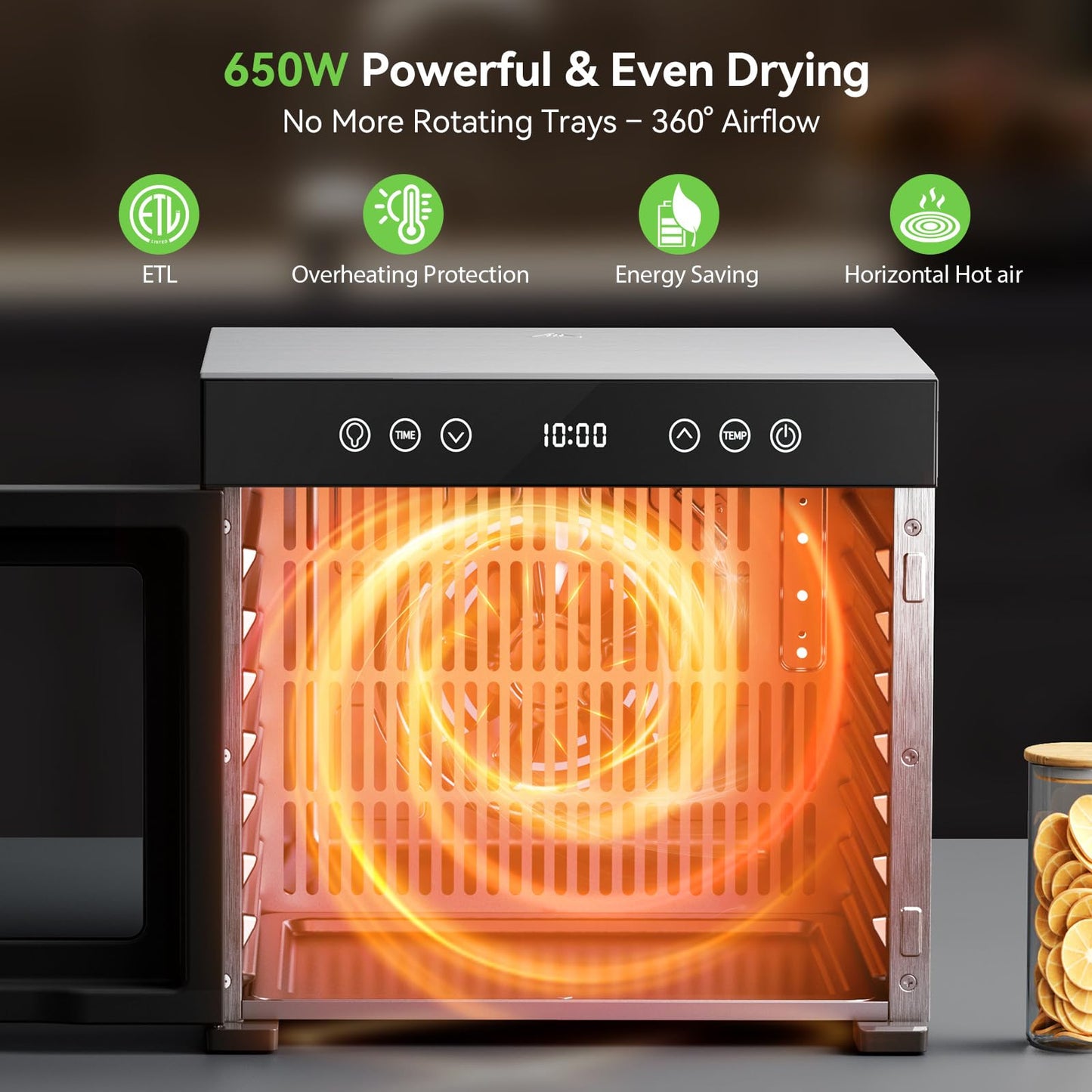 650W Food Dehydrator, 8-Tray Stainless Steel Dehydrator Machine with Adjustable Timer & Temperature, Overheat Protection, Fruit Dehydrator for Jerky, Herbs, Dog Treats, Interior Light