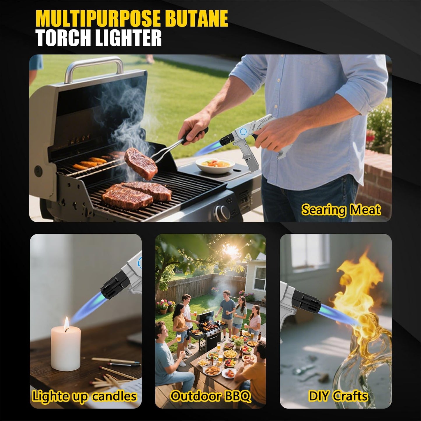 TBTeek Torch Lighter - Refillable Butane Kitchen Blow Torch with Adjustable Flame & Safety Lock | Dual Height Design