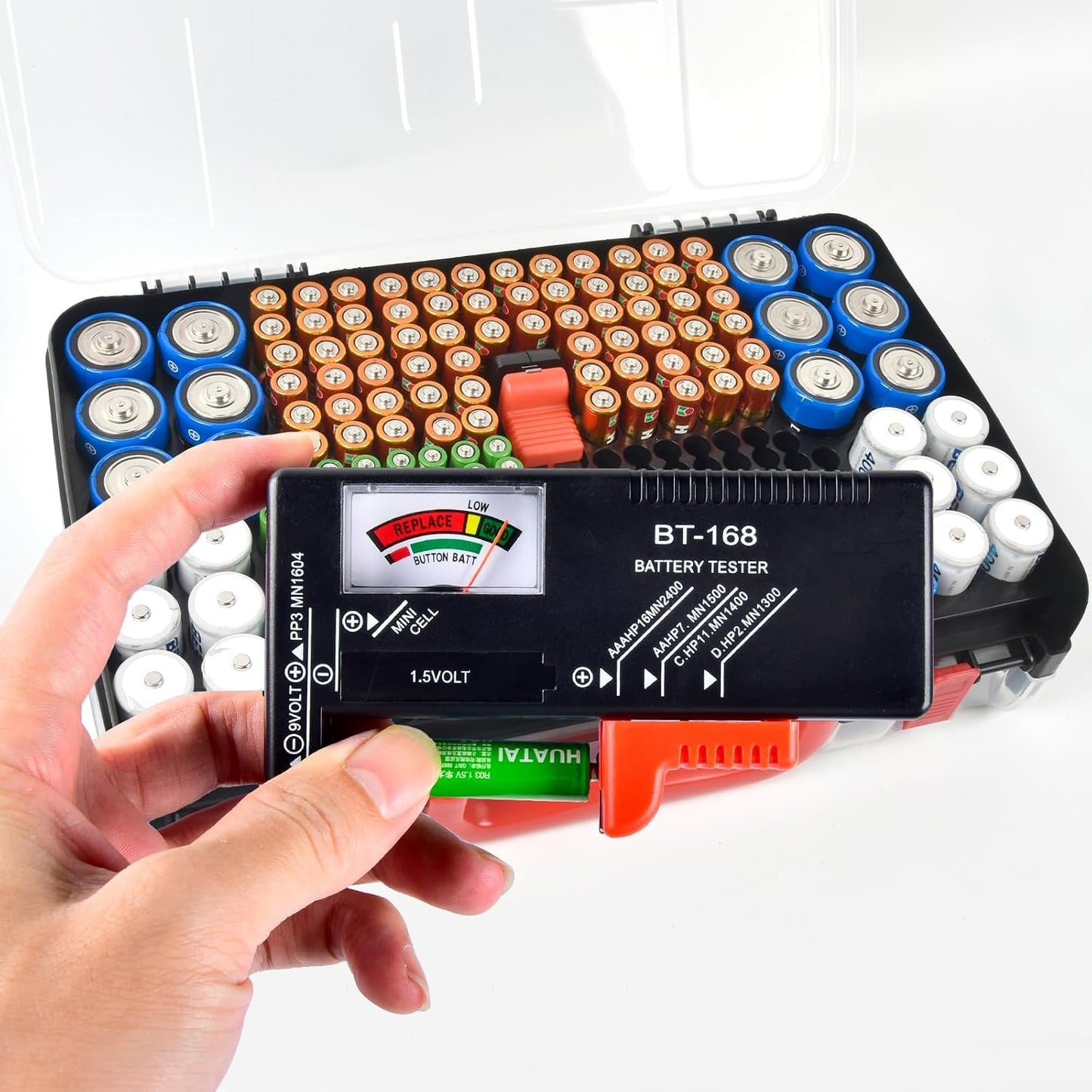 BT-168 269, 9V 18650 CR123A CR2 23A 4LR44 FULLCASE Double-Sided Battery Storage Organizer Case with Tester, Holds Fits