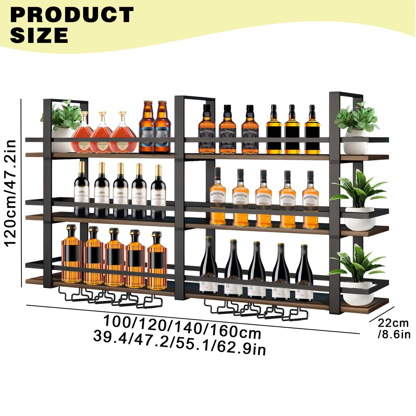 amhricho Wine Rack Wall Mounted with LED Lights, 3 Tier Metal Liquor Floating Display Shelves, with Wine Glass Rack, Iron & Wood Industrial Wall Wine Rack, for Bar, Kitchen, Cafe (Black, 39.4in)