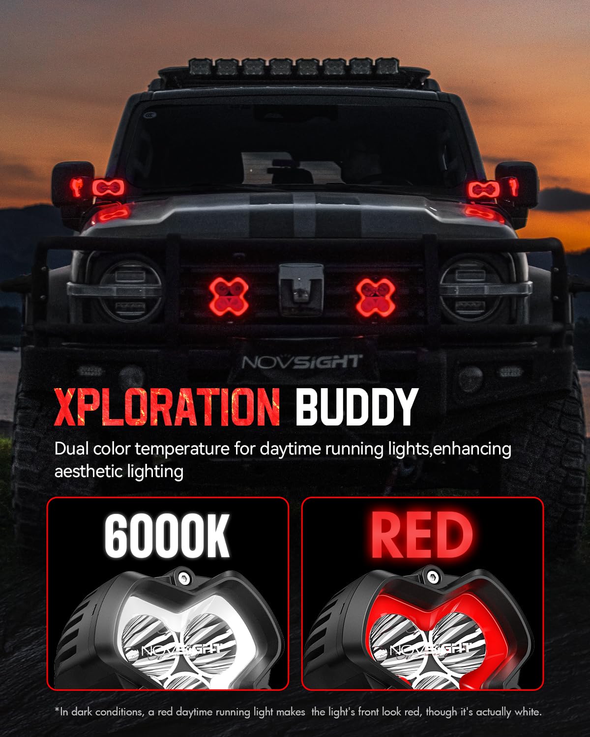 NOVSIGHT Offroad LED Pod Lights - Halo SE Series 3 Inch LED Spot Flood Beam with Red/White DRL, 120W Super Bright Off Road Cube Light for Truck Jeep Pickup Ford ATV, Pair(Red Dot Award 2025 Winner)