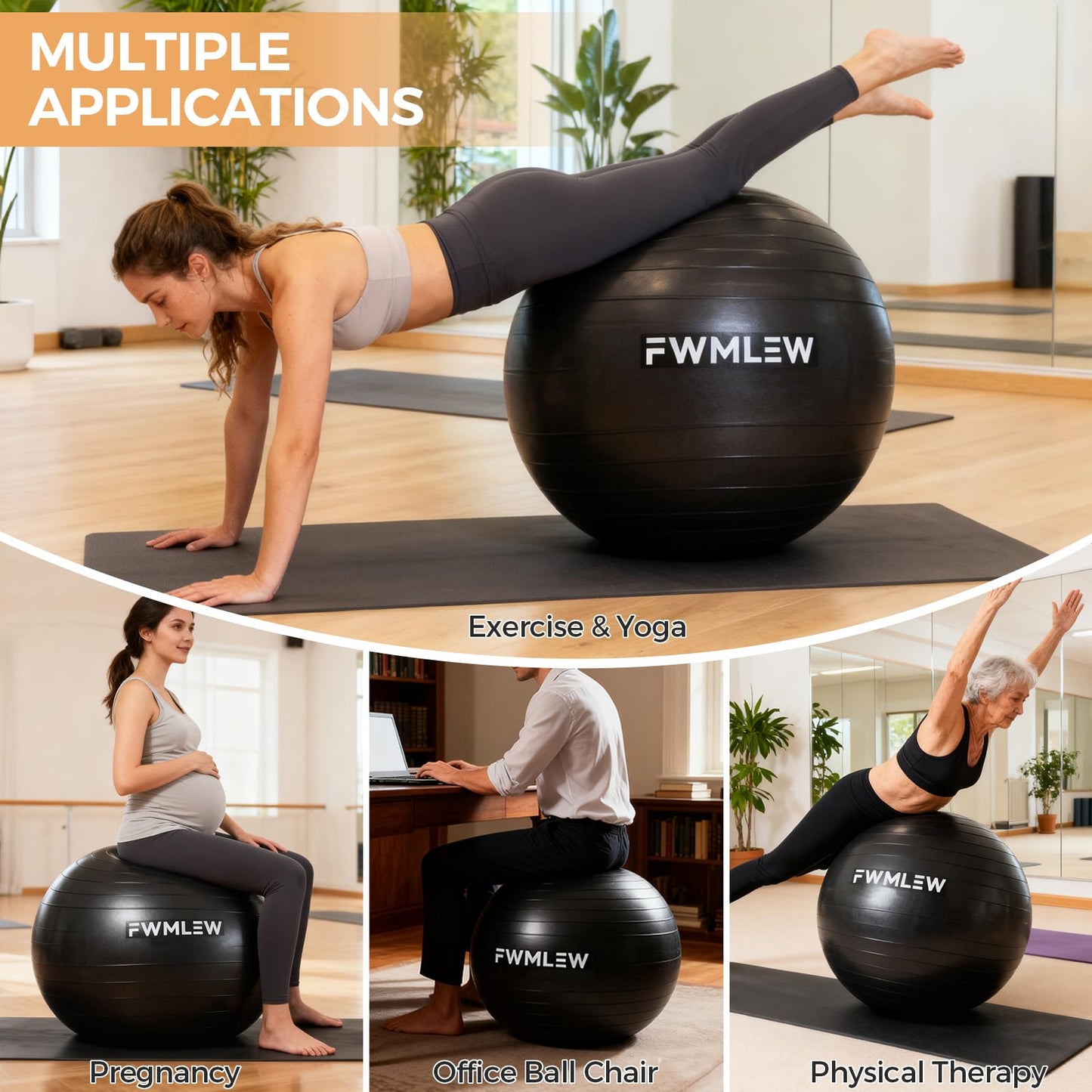 FWMLEW Extra Thick Exercise Yoga Ball, 5-Size Anti-Burst Heavy Duty Stability Gym Ball for Fitness, Core Workout, Pregnancy & Office Chair, Includes Quick Pump (S(15-18ines/38-45cm))