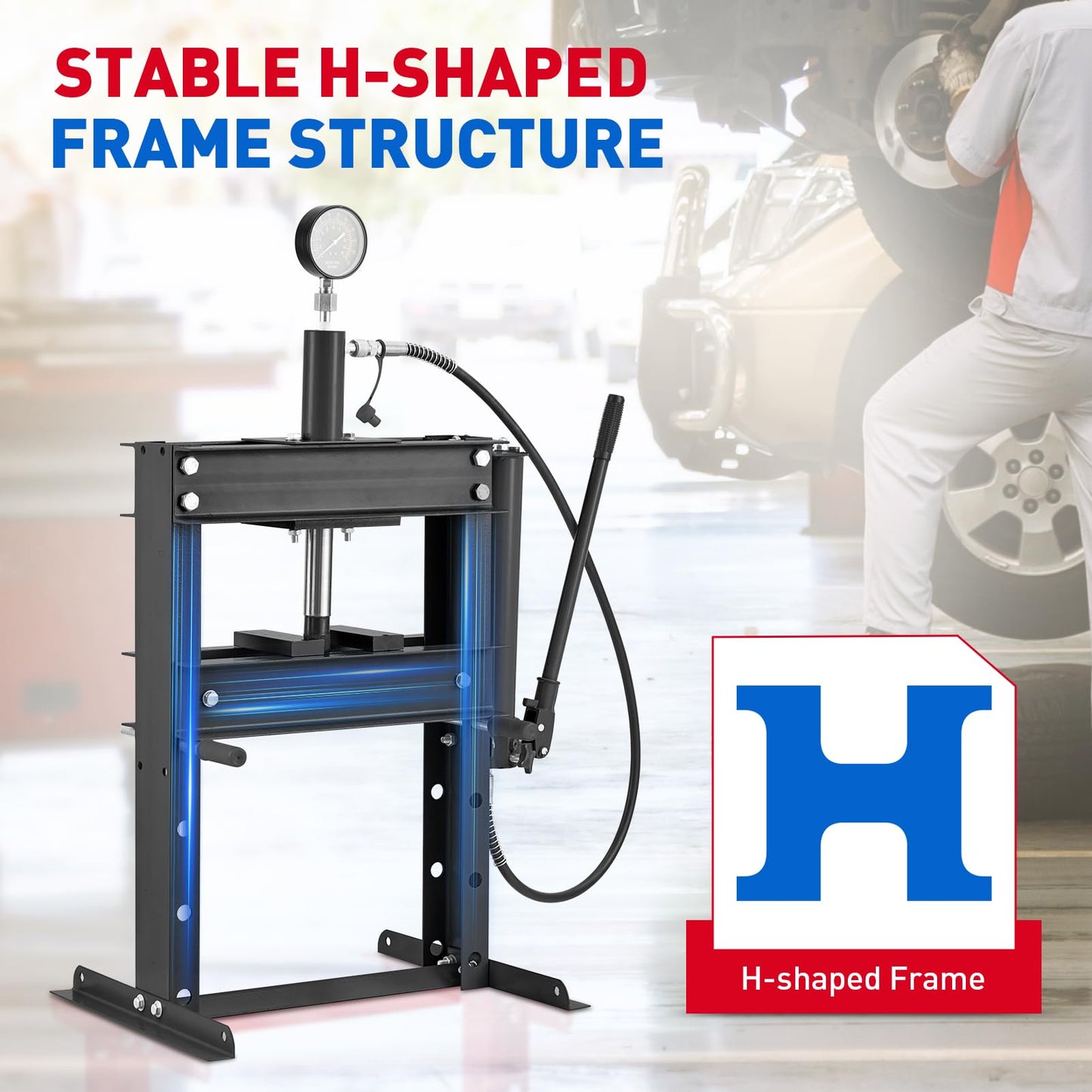 10T Hydraulic Press, 10 Ton H-Frame Garage Hydraulic Shop Press with Pressure Gauge, Adjustable Hydraulic Press with Plates, Black