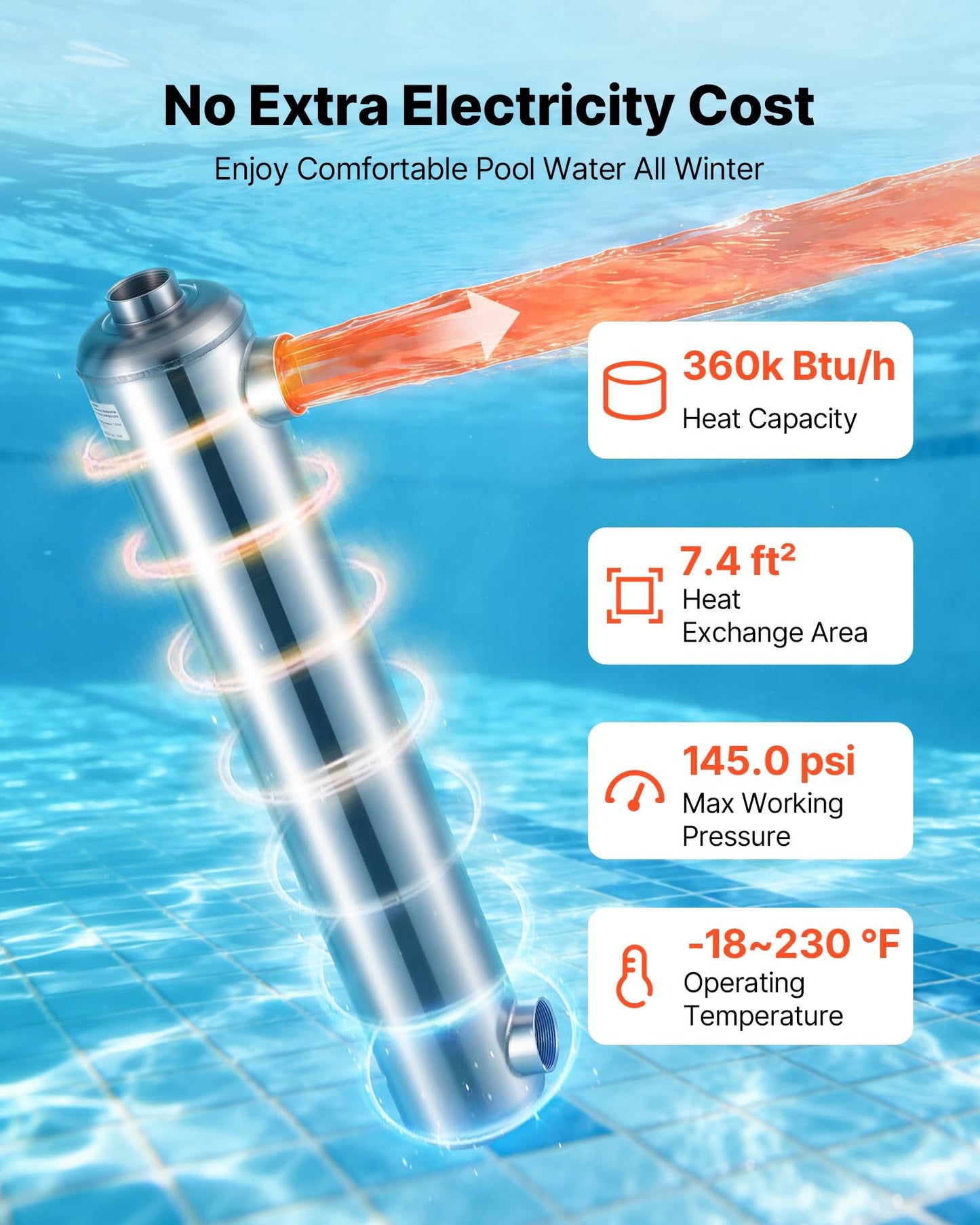VEVOR Pool Heat Exchanger, 360K BTU Swimming Pool Heater Exchanger, 316L Stainless Steel Construction, High Efficiency Water to Water Transfer Heating System for Spa, Hot Tub, Indoor/Outdoor, Silver