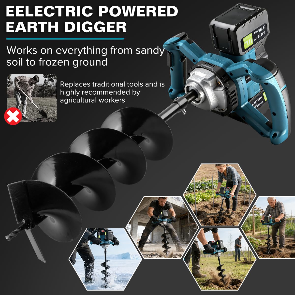 Post Hole Digger,Cordless Earth Auger,Electric Earth Auger,Includes 1twist drill bit with two batteries and one charger,With forward/reverse function，for Post Hole Digging, Drilling,Tree PlantingPlant