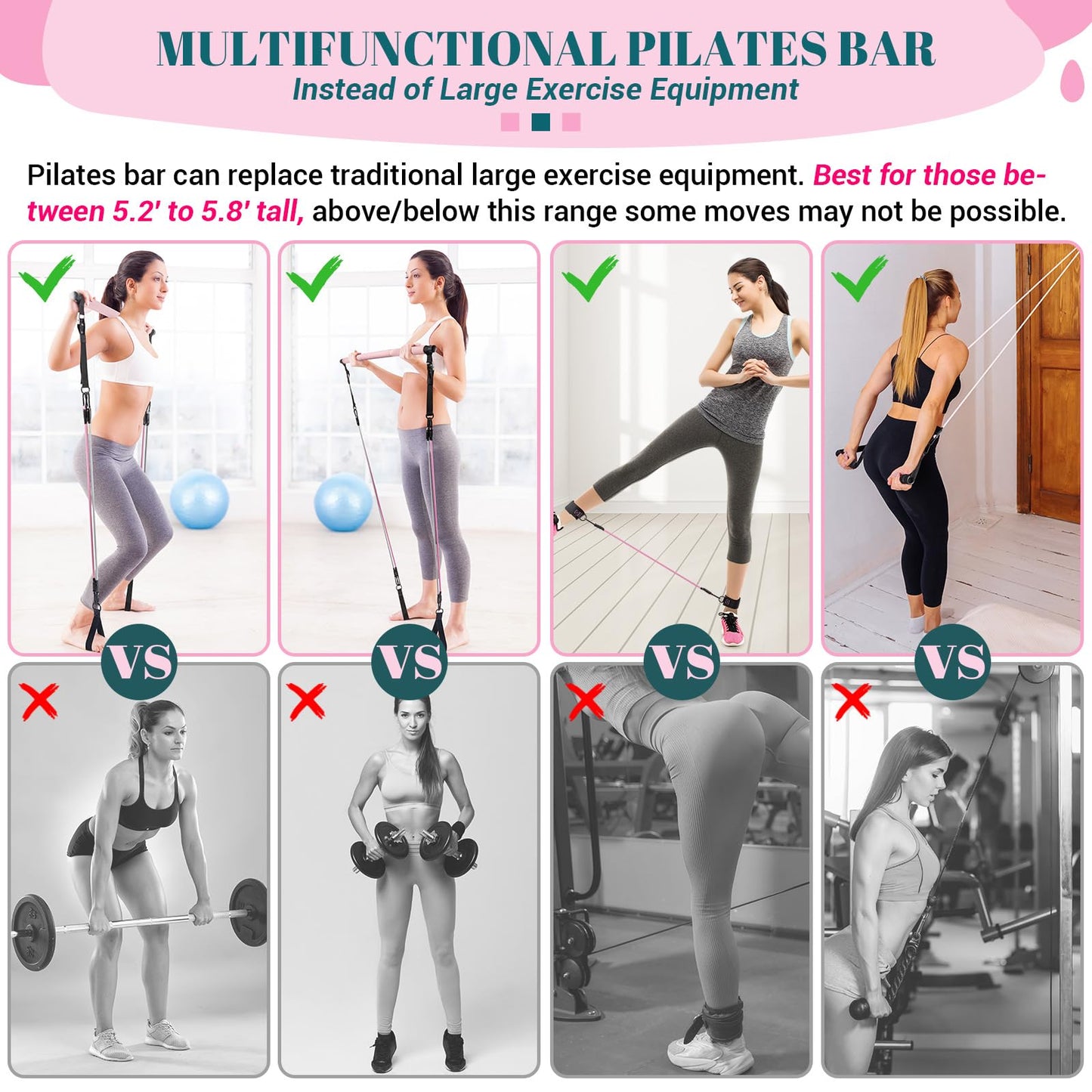 Pilates Bar Kit with Resistance Bands, Multifunctional Yoga Pilates Bar with Heavy-Duty Metal Adjustment Buckle, Portable Home Gym Pilates Resistance Bar Kit for Women Full Body Workouts -Pink