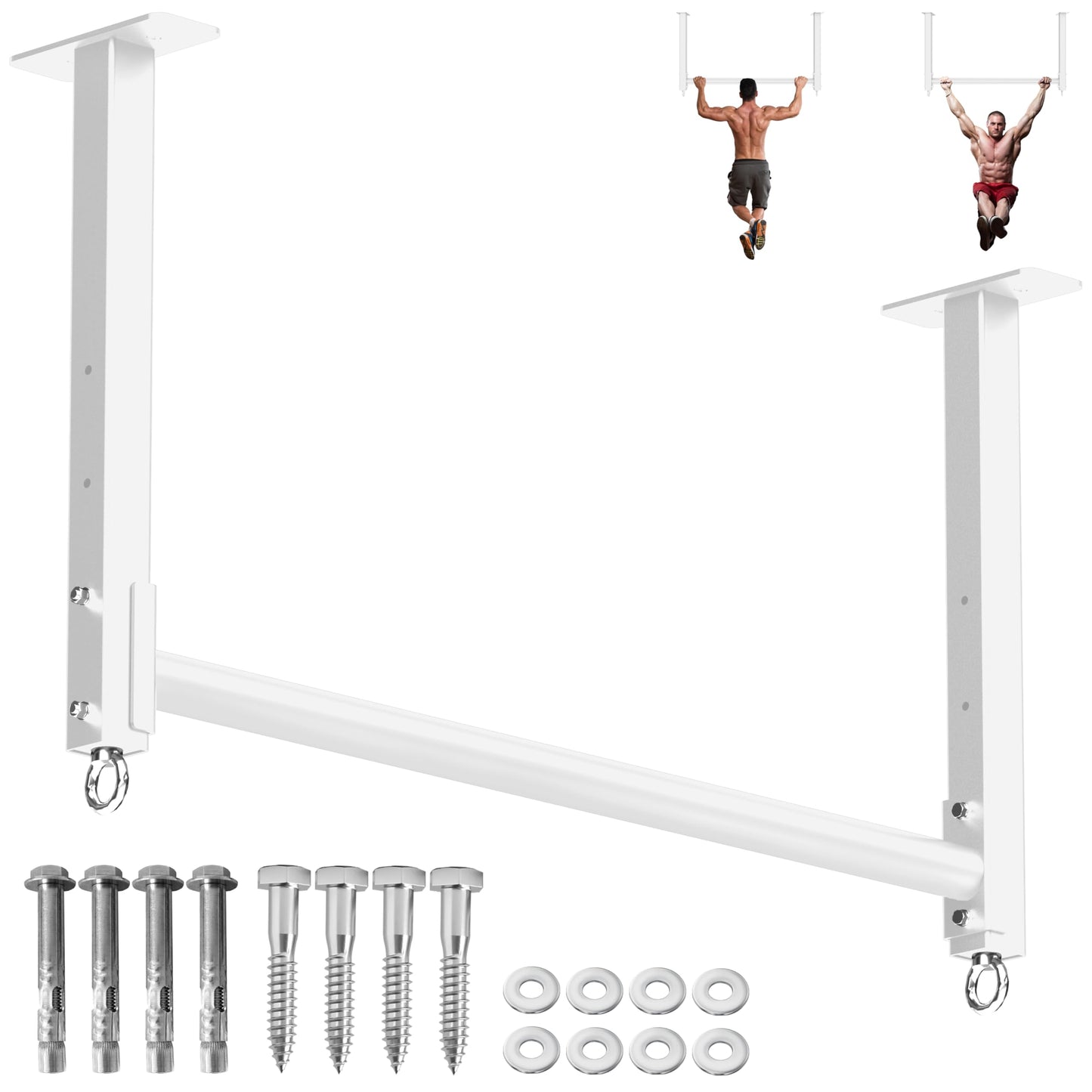 HWOOUSA Ceiling Mounted Pull Up Bar, 3 Adjustable Heavy Duty Pull Up Bars, 16"/24" Rafter Chin Up Bar, Ceiling Joist for Garage/Gym/Basement with Comfortable Grip & Round Anchors, Heavy Duty 700 LBS,White