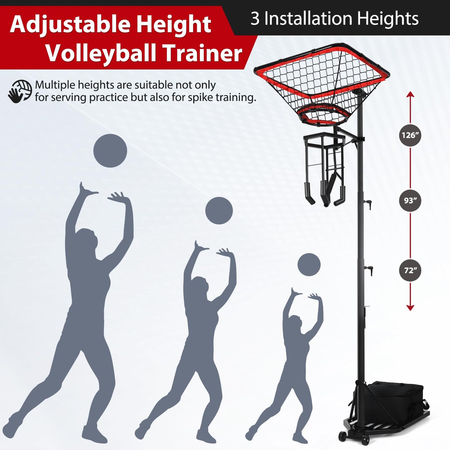 AugFir Volleyball Setter & Spike Trainer, Adjustable Height 93"-126" Volleyball Trainer with 88LBS Sandbag Base & Transport Wheels, Solo Practice Tool for Indoor & Outdoor Use Spiking & Drills