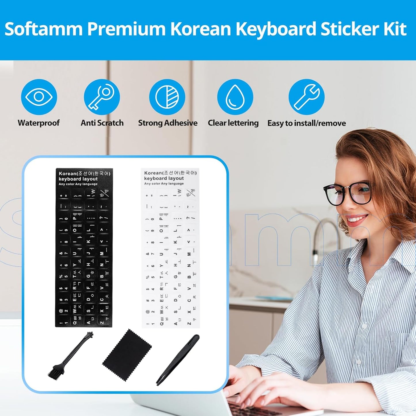 Softamm Stickers[5 1],Korean-English Korean Keyboard in Keyboard Letter Replacement Sticker Black Letter/White