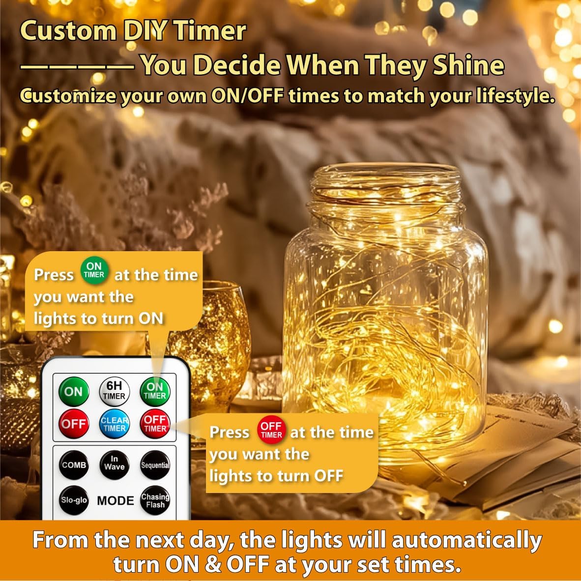 Skiennix 120L Twinkle Lights - 100 LED Rechargeable Fairy Lights with Remote & Timer Bundle