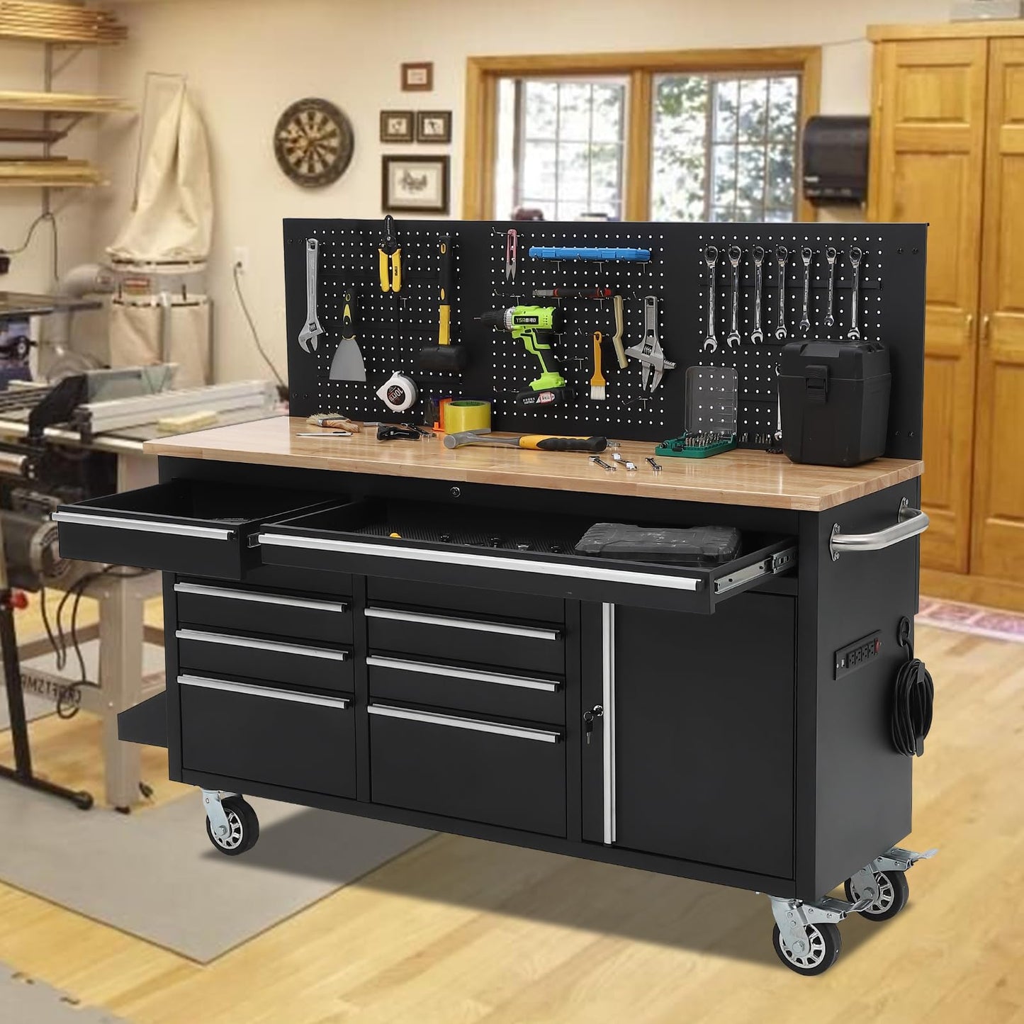 MilleLoom Tool Chest, 61 Inch Tool Box Mobile 9 Drawers Storage Rolling Cabinet with Wheels Lock Key Locking System Drawer Liners for Garage Warehouse Repair Shop, Black