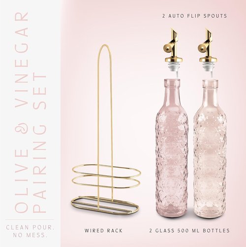 COOK WITH COLOR Glass Olive Oil Bottle Dispenser - 17oz Oil and Vinegar Cruet Set - Floral Pink Carafe for Kitchen