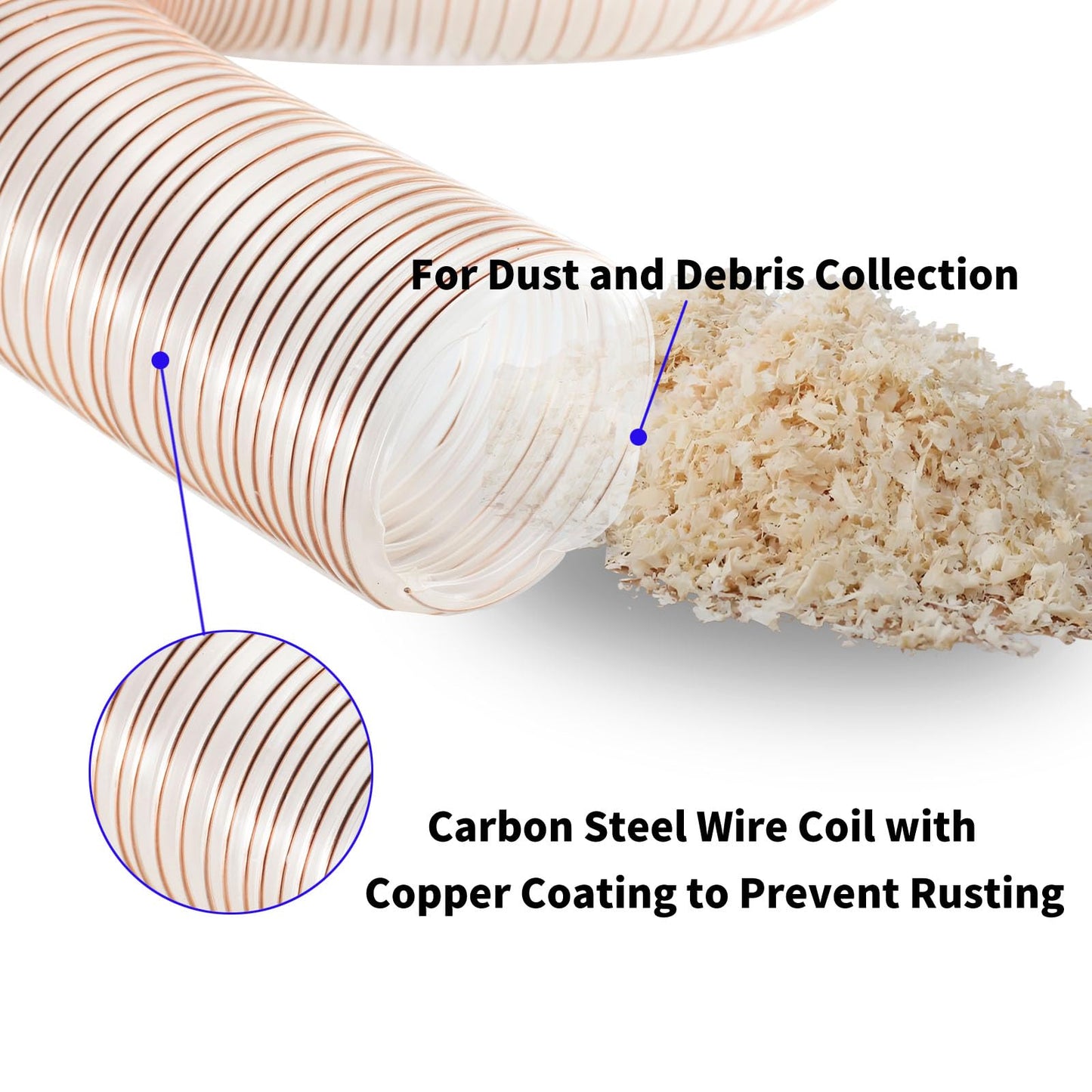 JUYO VONSAN PU Dust Collection Hose 6 inch 30ft Heavy Duty Flex Collector Hose Clear Dust Debris With Clamps (Polyurethane, 6'' X 30ft)