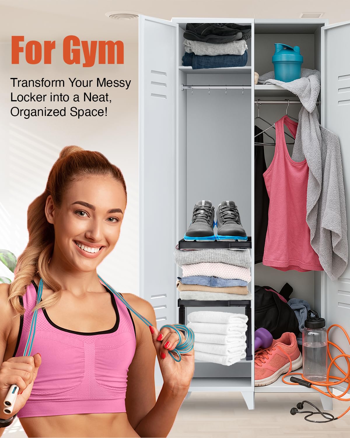 Piffny Adjustable Locker/Cabinet Organizer Shelf, 2 Pack, Adjustable Width and Height, Ideal for School, Office, and Gym Lockers (New Version) (Black)