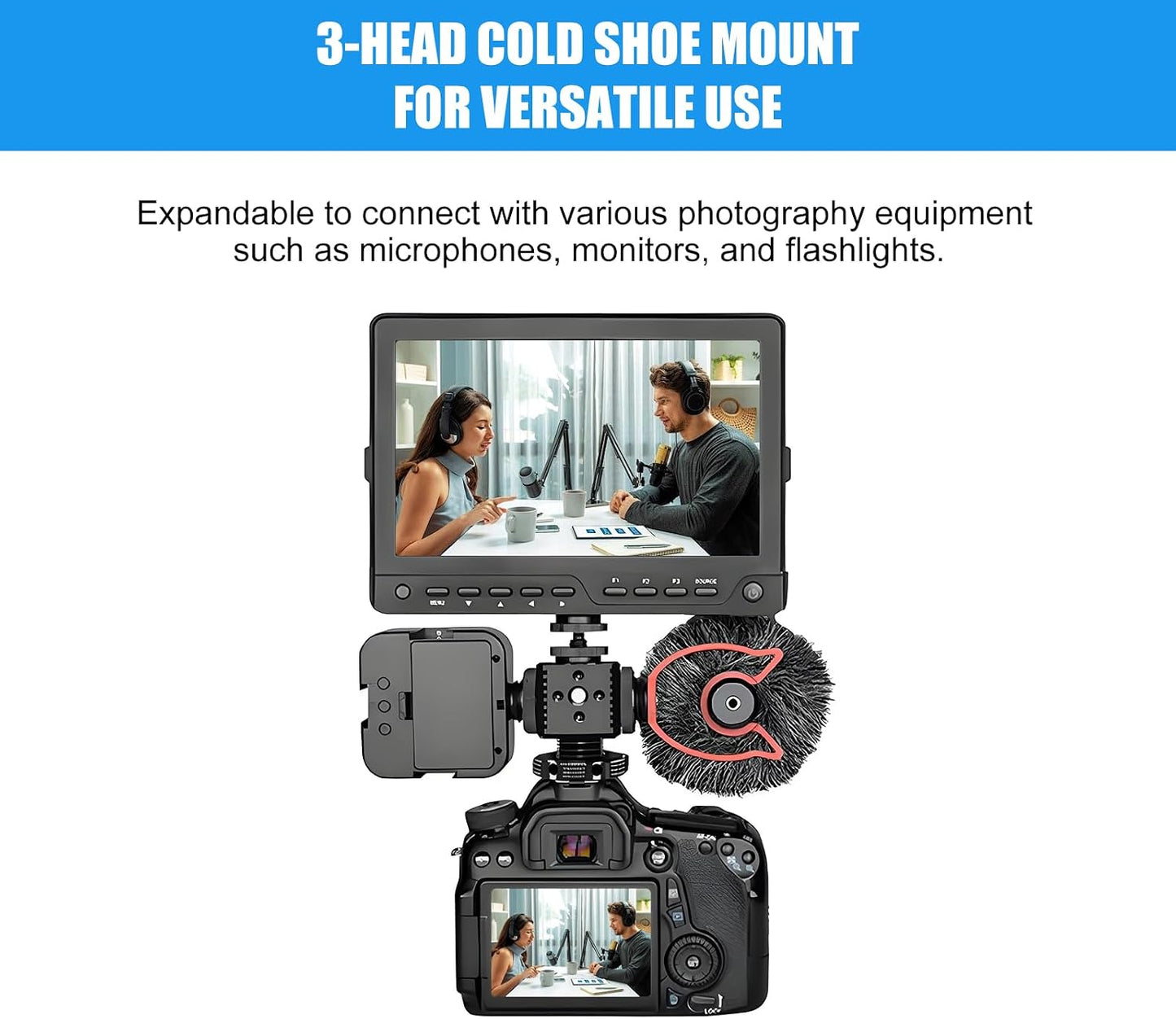 3 1/4"-20 Port Cold Shoe Mount Adapter with Thread for Camera Cage Flash LED Monitor Microphone, Aluminum Camera Triple