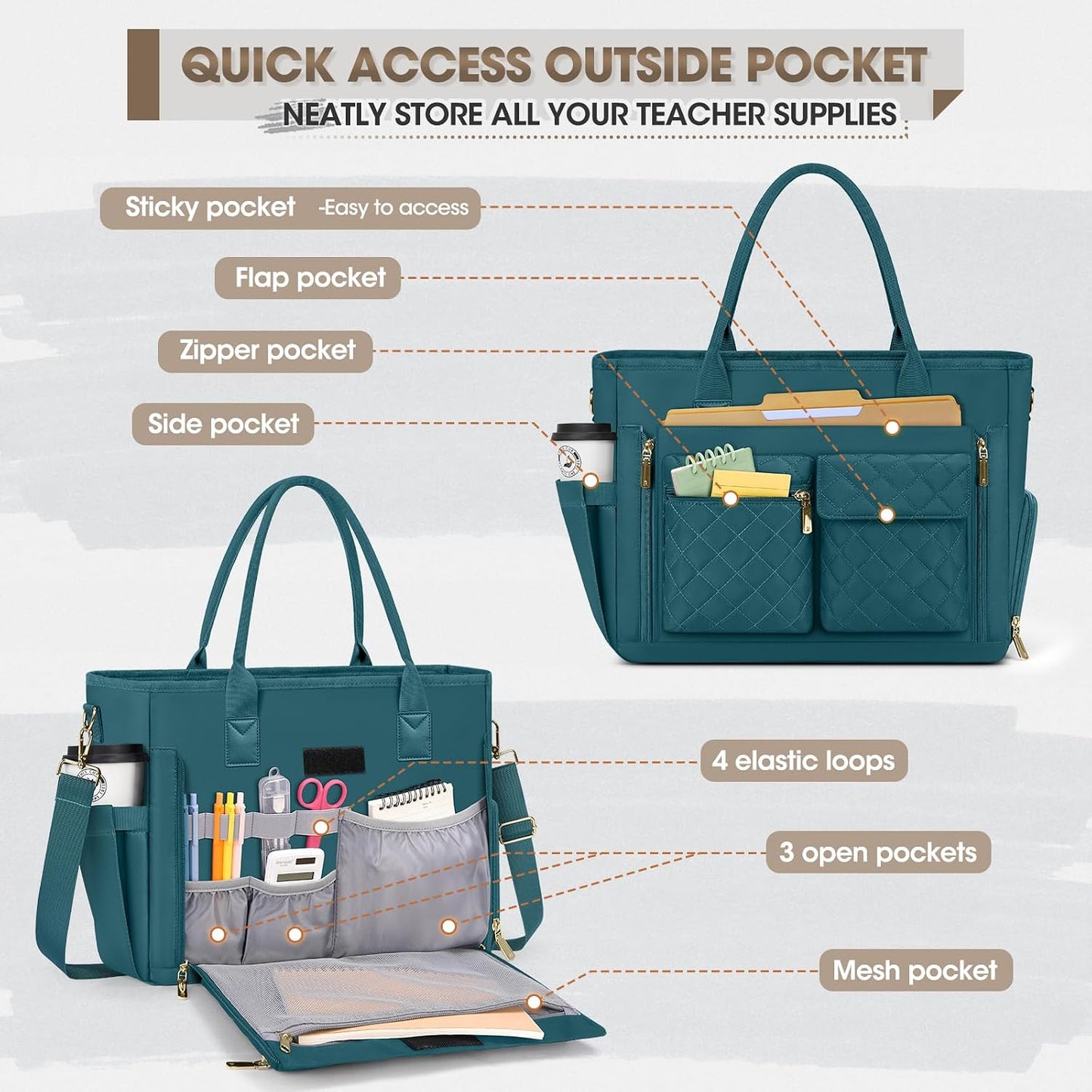 15.6 inch RAINSMORE Teacher Tote Bag with Insulated Lunch Compartment Laptop Bag for Women Lightweight Work Bags Nurse