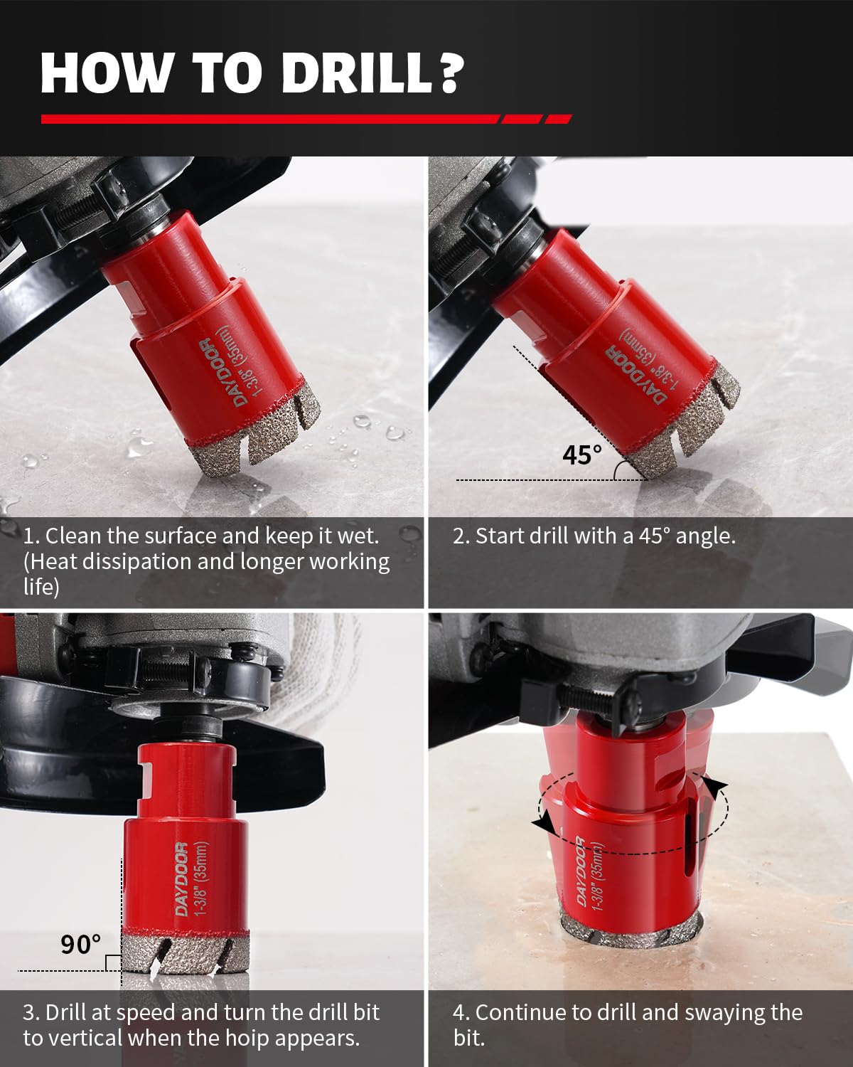 DAYDOOR Diamond Hole Saw Kit, 11-PieceTile Hole Saw Kit 1/4" 5/16" 4/5" 1" 1-3/8" 2" 2-1/2" 4",Vacuum Brazed Core Drill Bits for Porcelain Tile, Granite, Marble, Stone(Red)