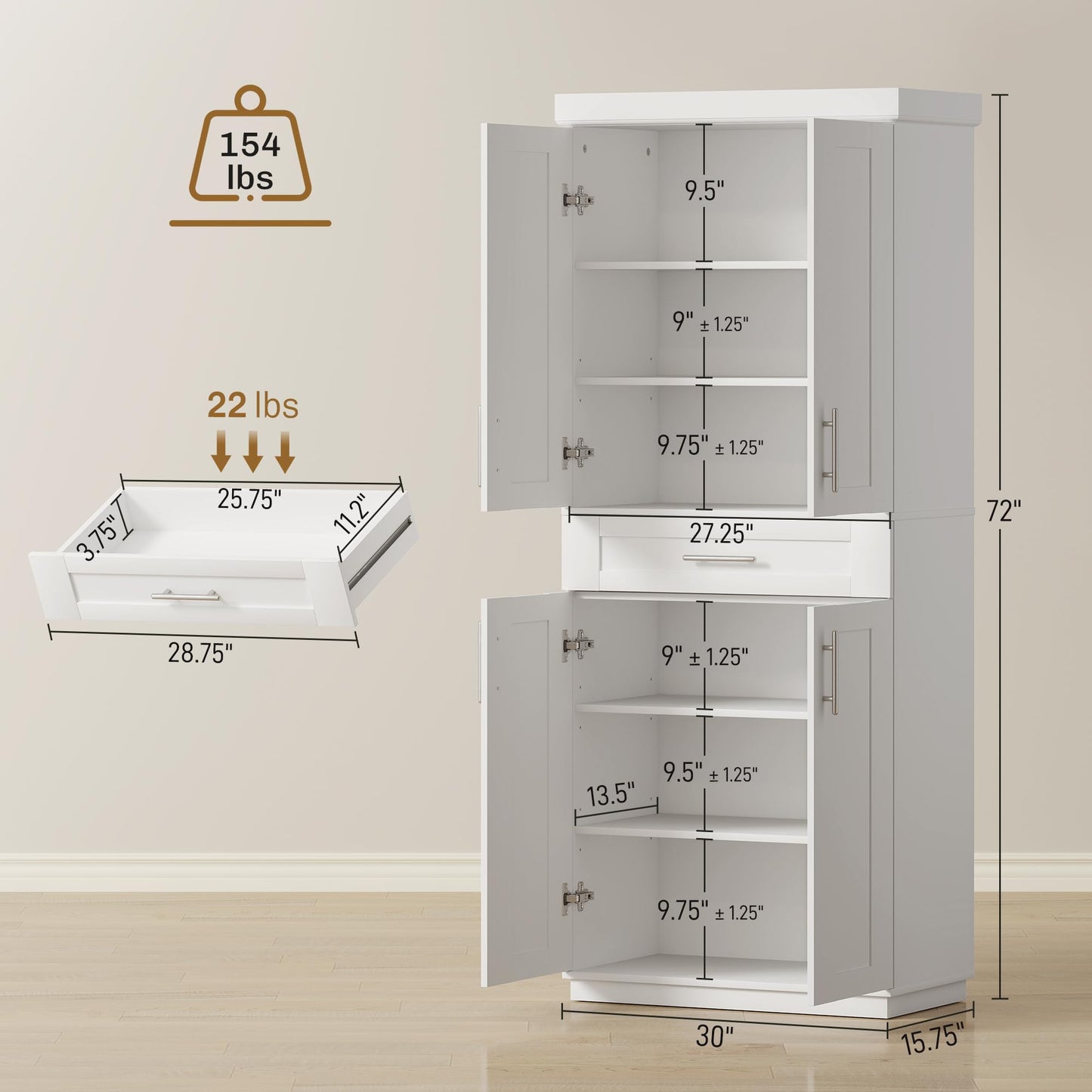 HOMCOM 72" Kitchen Pantry Cabinet, Freestanding Tall Storage Cabinet with 4 Doors, Drawer and 3 Adjustable Shelves for Dining Room, White