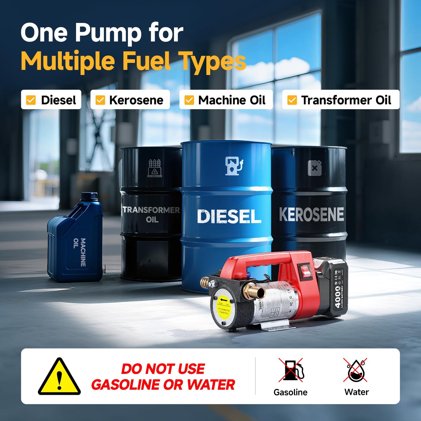 TaskStar Fuel Transfer Pump Battery Powered,12GPM Electric Pump Kit with 18V 2x4.0Ah Batteries & Charger, Portable Cordless Pump with Auto-off Nozzle & 2x 6.6FT Hoses for Diesel Kerosene Transfer