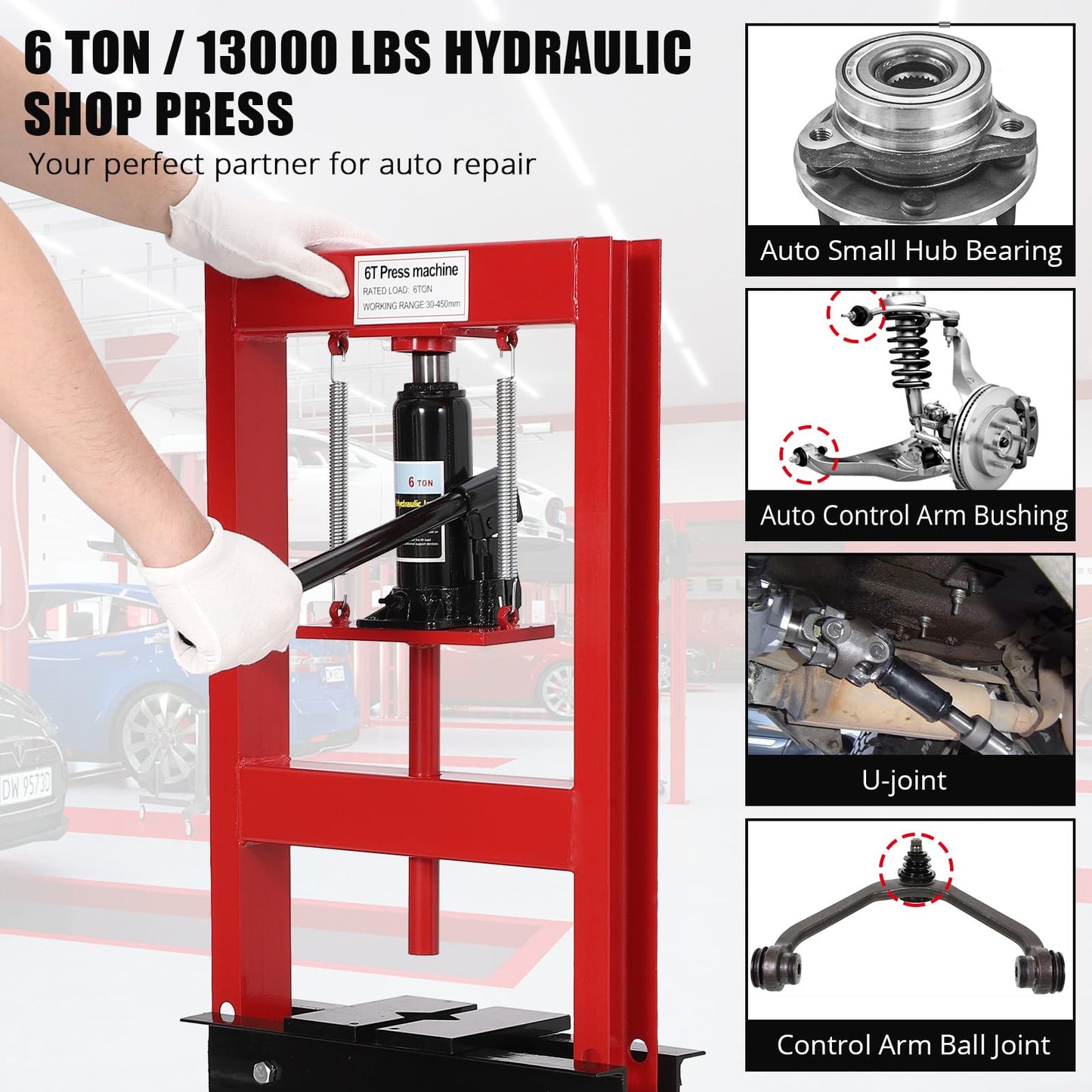 6-Ton H-Frame Hydraulic Press with Adjustable Table & 2 Press Plates, Heavy-Duty Shop Press for u-Joints, Metal Bending, and Garage Repairs