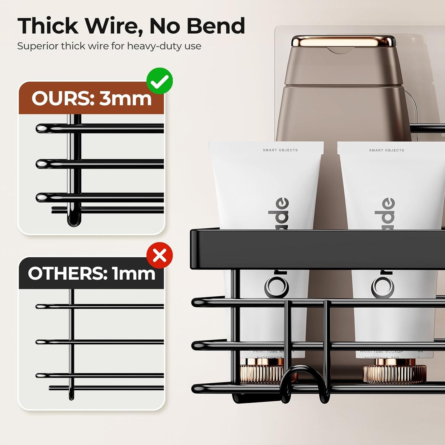 Orimade Shower Caddy - Wall-Mounted Soap Dish Holder with 5 Hooks | No Drilling, Stainless Steel - 3 Pack, Black