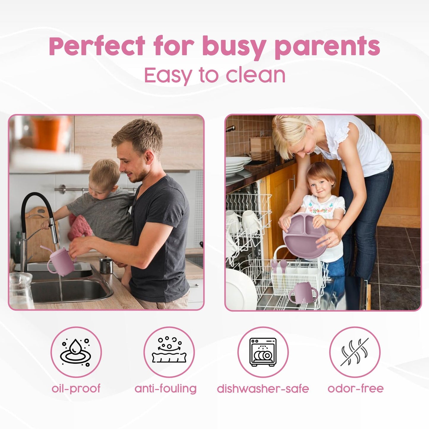 2025 Silicone Baby Feeding Set - All in One: Spoon, Fork, Suction Bowl, Divided Suction Plate, Sippy Cup, Silicone Bib and Travel Bib -6 + Month, Toddler & Baby silicone feeding set - BPA free, Pink