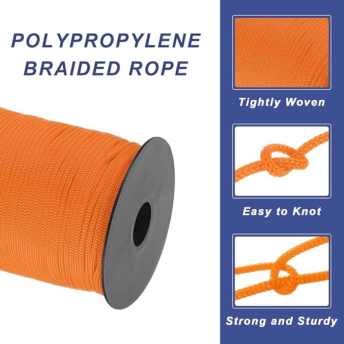 MECCANIXITY 1/8 Inch Polypropylene Rope Braided Ropes, 328ft Nylon Rope Hollow Utility Cord for Clothesline, Camping, Hiking, Outdoor, Light Orange