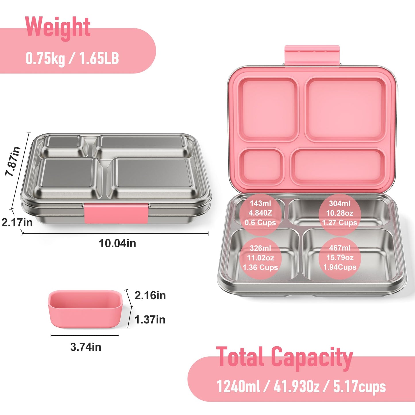 BABHAMNESS Stainless Steel Kids Bento Lunch Box, 4-Compartments with Silicone Container, Dishwasher-Safe, Child-Friendly Design for School and Travel,BPA-Free(Pink)