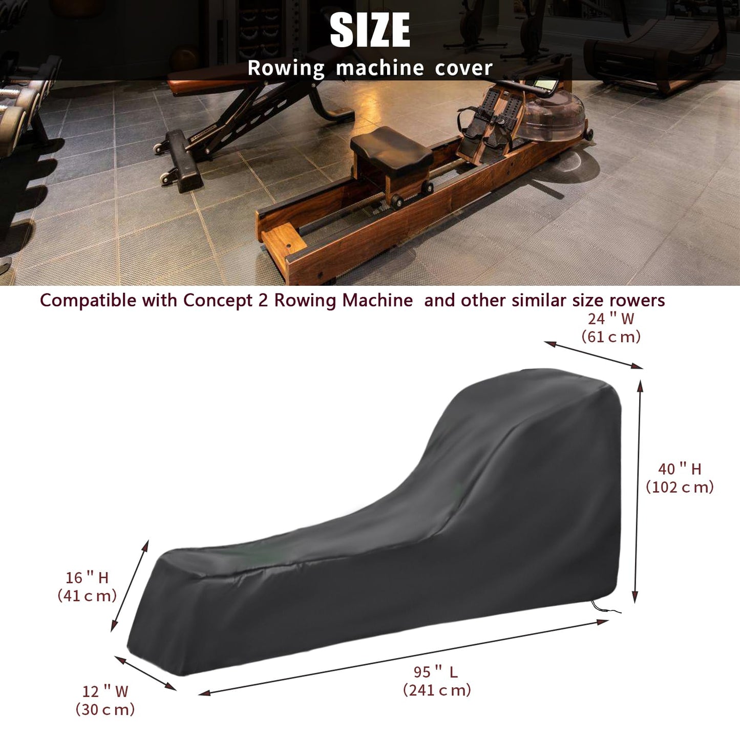 Andacar Rowing Machine Cover for Concept 2 Rowing Machine Waterproof Rower Cover Dustproof Fitness Equipment Protective Cover - 95" L×24" W×40" H, Black