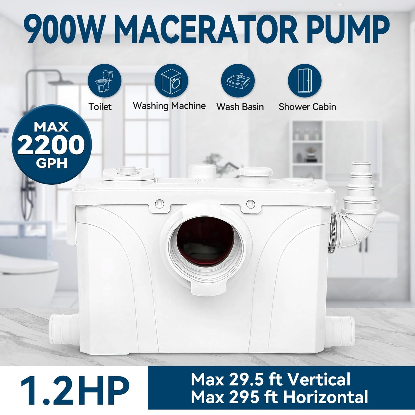 900W Macerator Pump Toilet Pump Upflush to 29.5FT 2200GPH Utility Sink Pump with 4 Water Inlets 1 Outlets Macerating Toilet System for Toilet Sink Shower Laundry Kitchen Basement