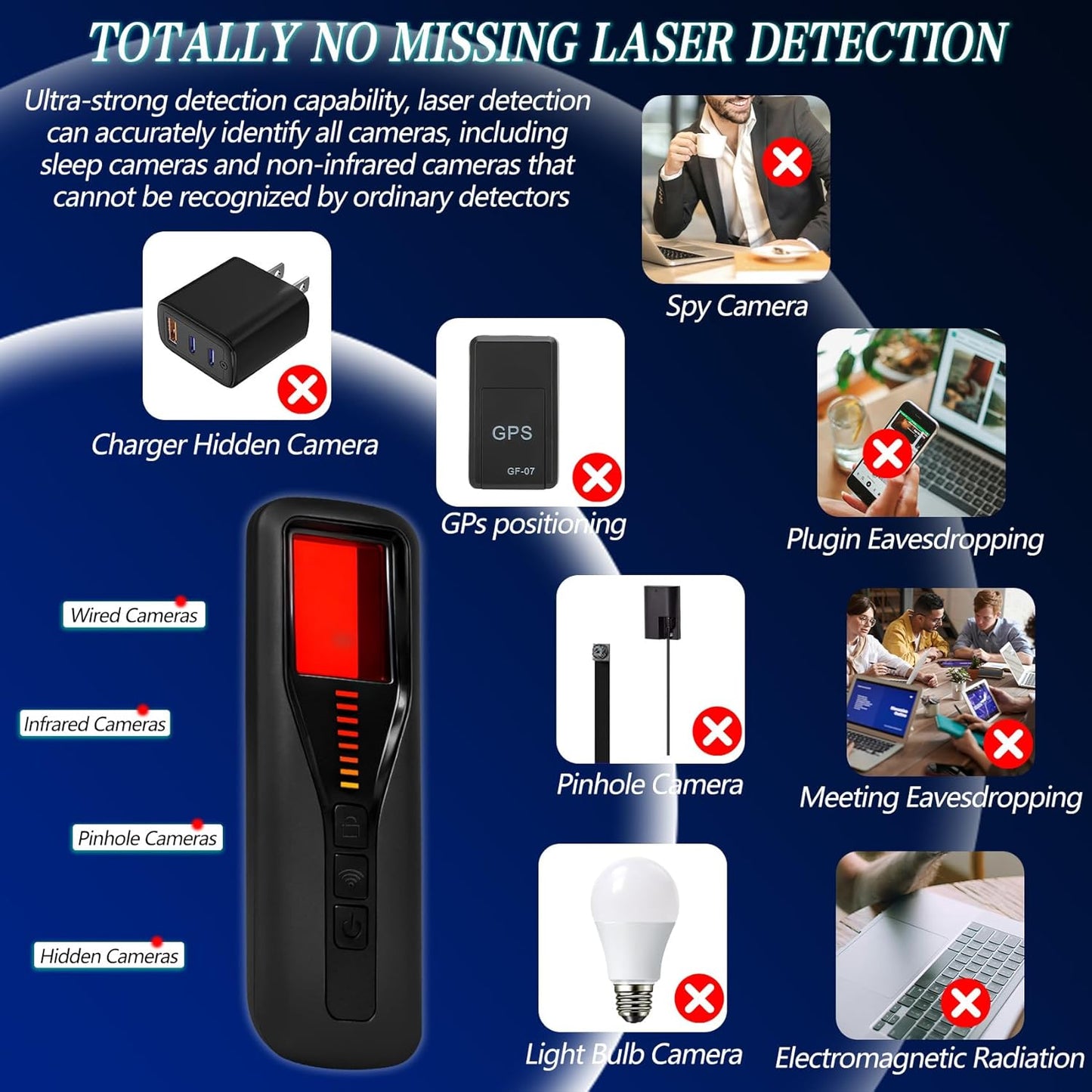 jjxeqo Scanner,5-Level Adjustment,6 Hidden Camera Detector,GPS Tracker Detector,Wireless Signal Sensitivity Detection