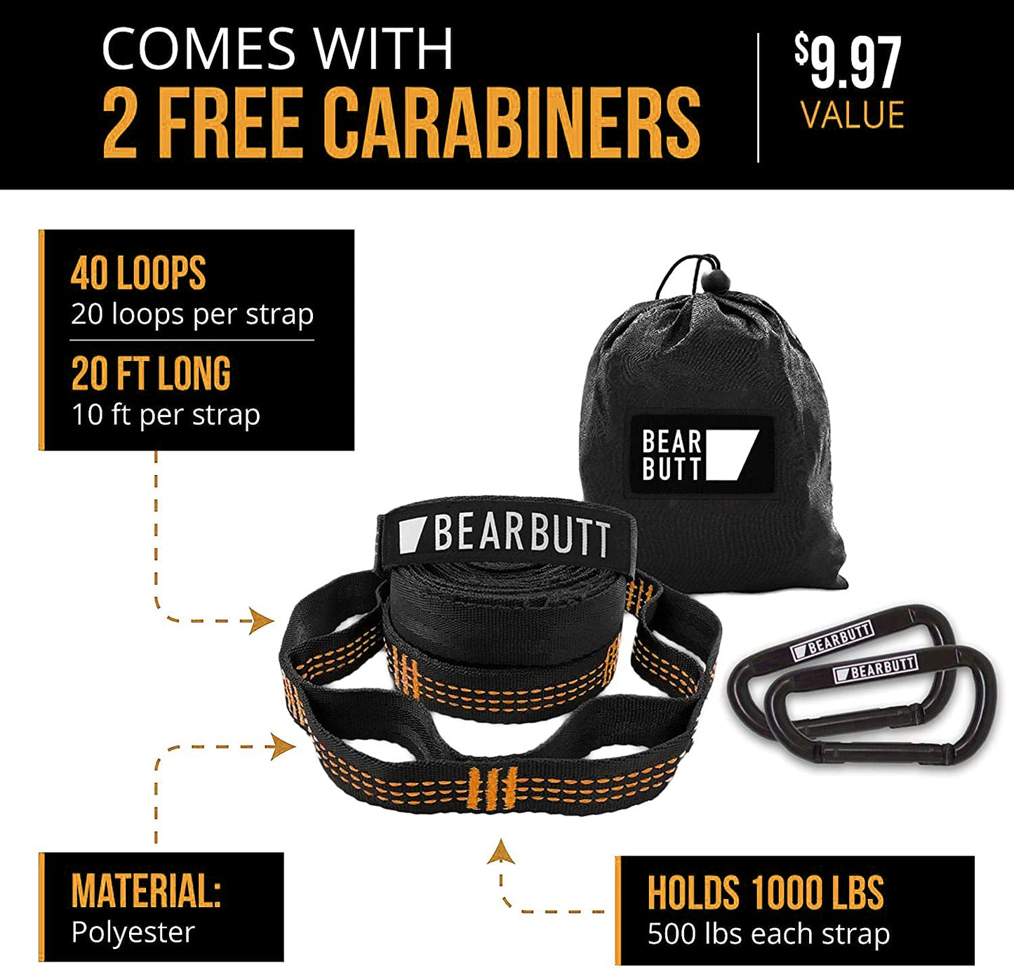 Bear Butt Kodiak Hammock Straps For Trees - 20 Feet Long Hammock Tree Straps - 40 Combined Loops - Holds 1000 Pounds - Camping Hammock Straps - Hammock Tree Straps With Carabiner - Hammock Accessories