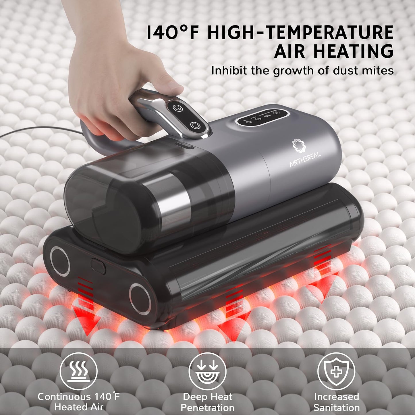 AIRTHEREAL M1 Mattress Vacuum Cleaner, 6 in 1 Bed Vacuum with High-Frequency Vibration - 80,000 RPM Dual Brushroll Rotation, UV-C Light, 14Kpa Suction, Dust Sensor, Ultrasonic and Heating Tech
