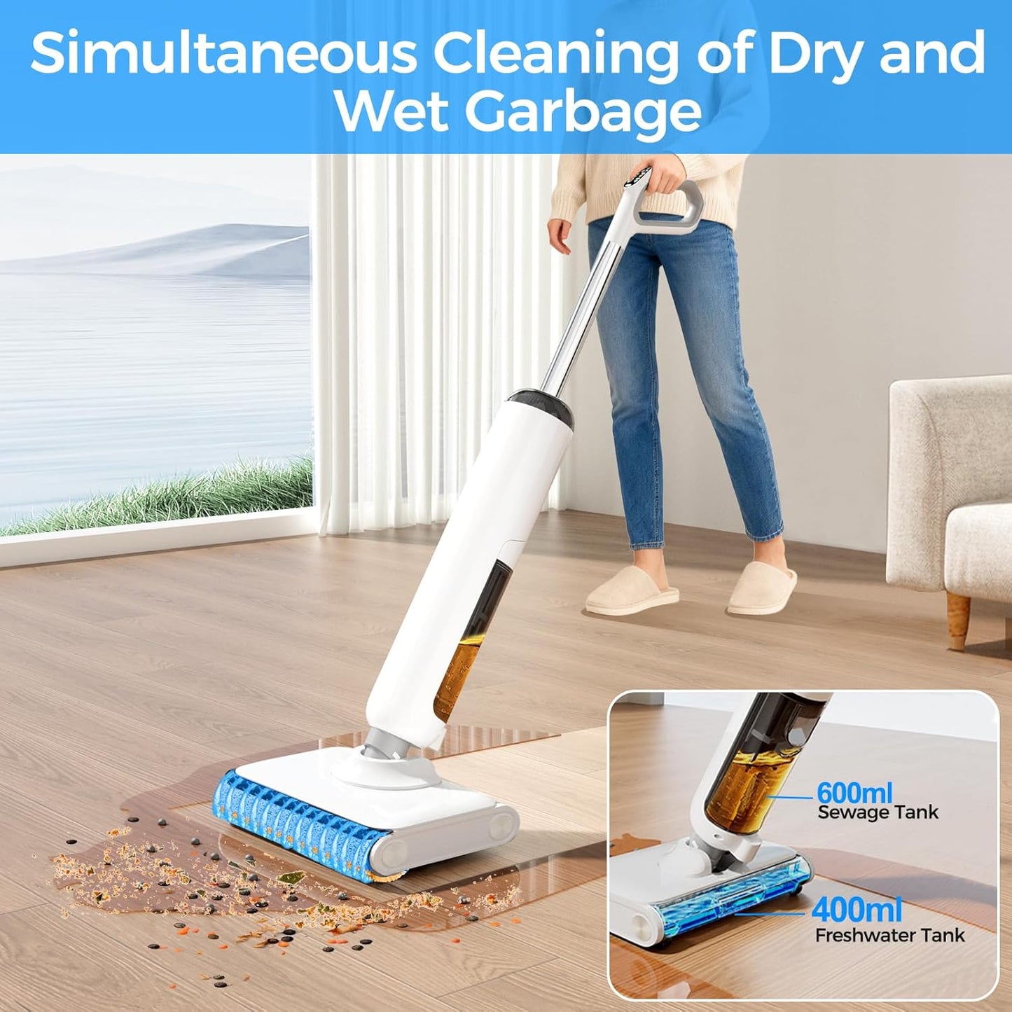 Skiennix Cordless Wet Dry Vacuum Cleaner - 23KPa Suction, 45 Min Runtime, Self-Cleaning Design, Anti-Tangle Brush
