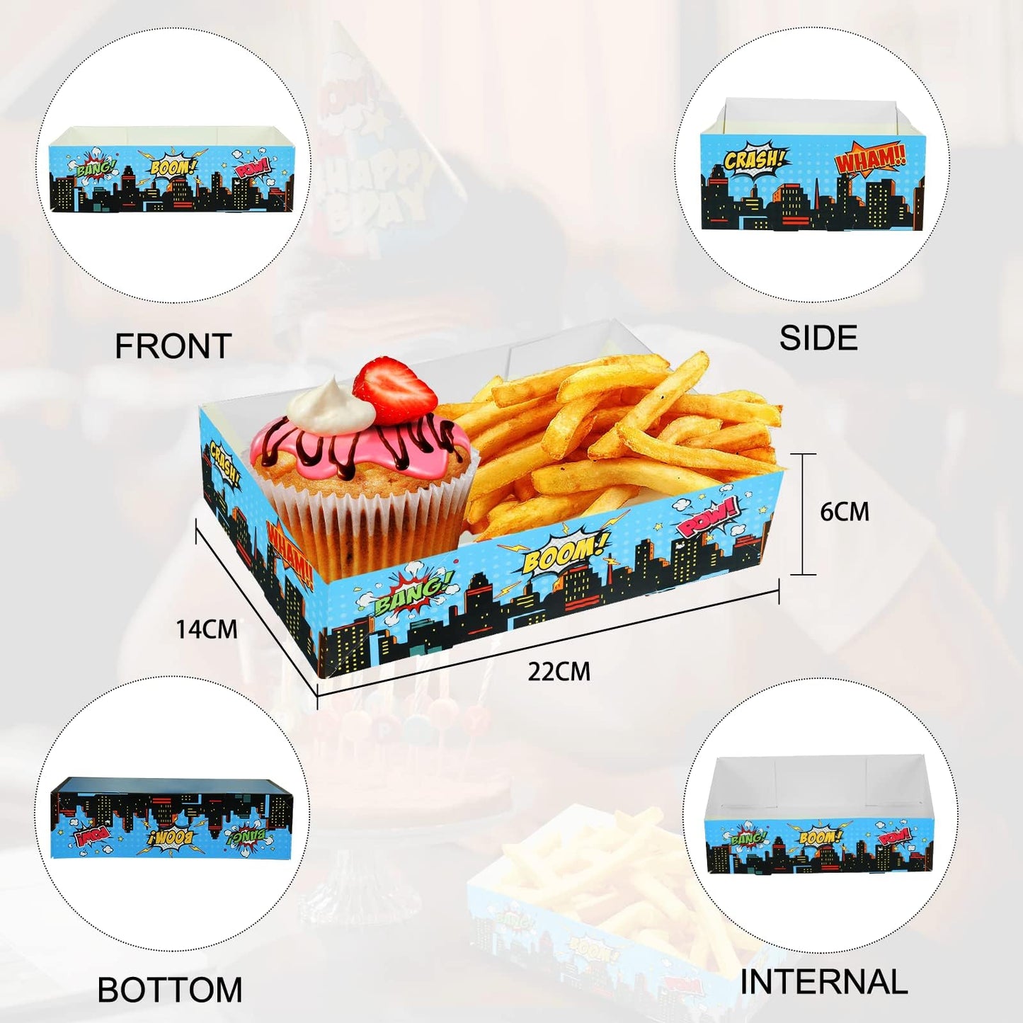 60 Pcs Superhero Party Supplies Snack Trays 4 Corner Food Boxes Superhero Party Decorations Paper Food Trays Superhero Birthday Party Favors Disposable Food Holder for Popcorn Nacho Theater Snack
