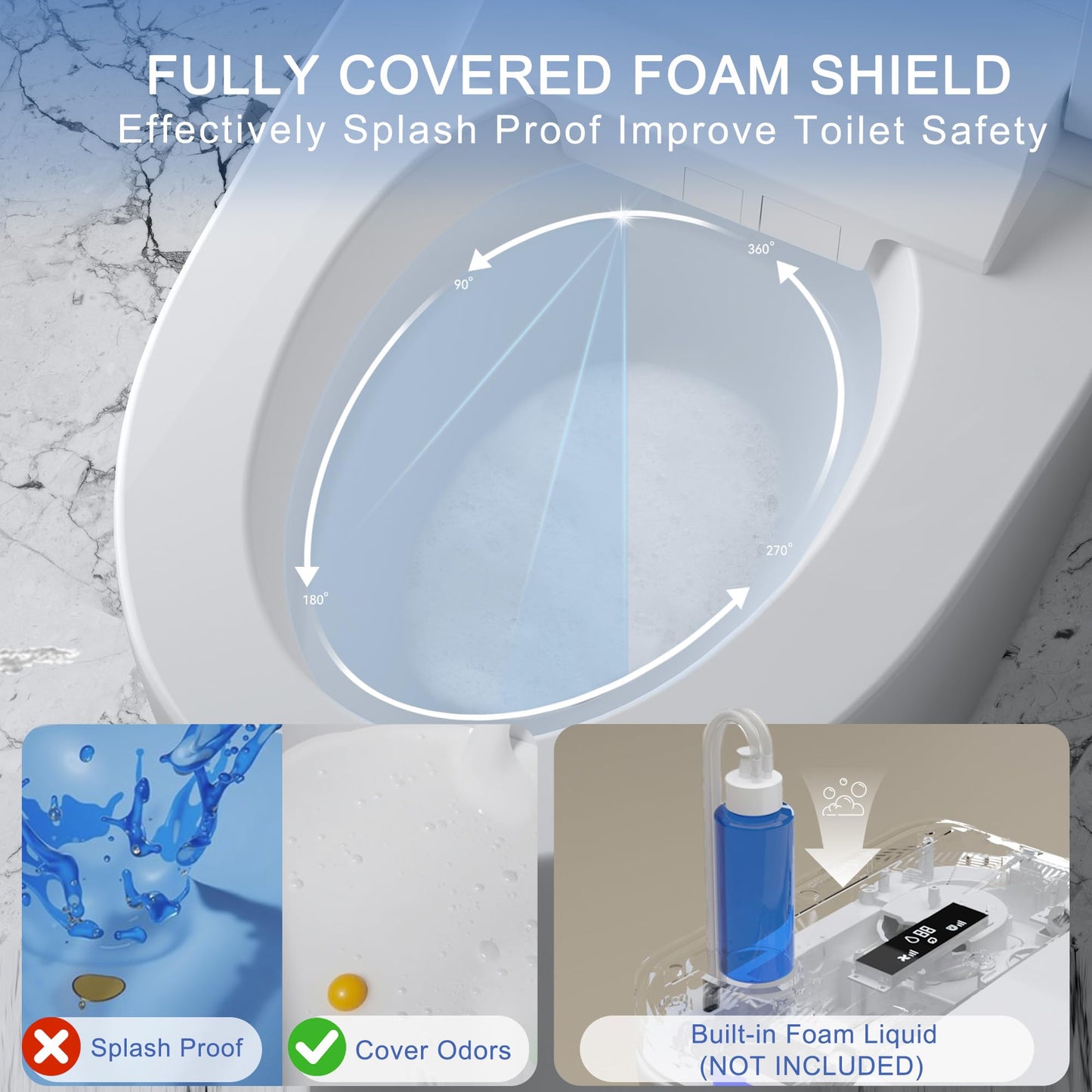 Luxury Smart Toilet with Foam Shield Auto-Open/Close Lid,One Piece Bidet Toilet Heated Seat for Bathrooms, Multiple Cleaning Modes,Aromatic Spray,Air Purification,Smart Foot Sensor