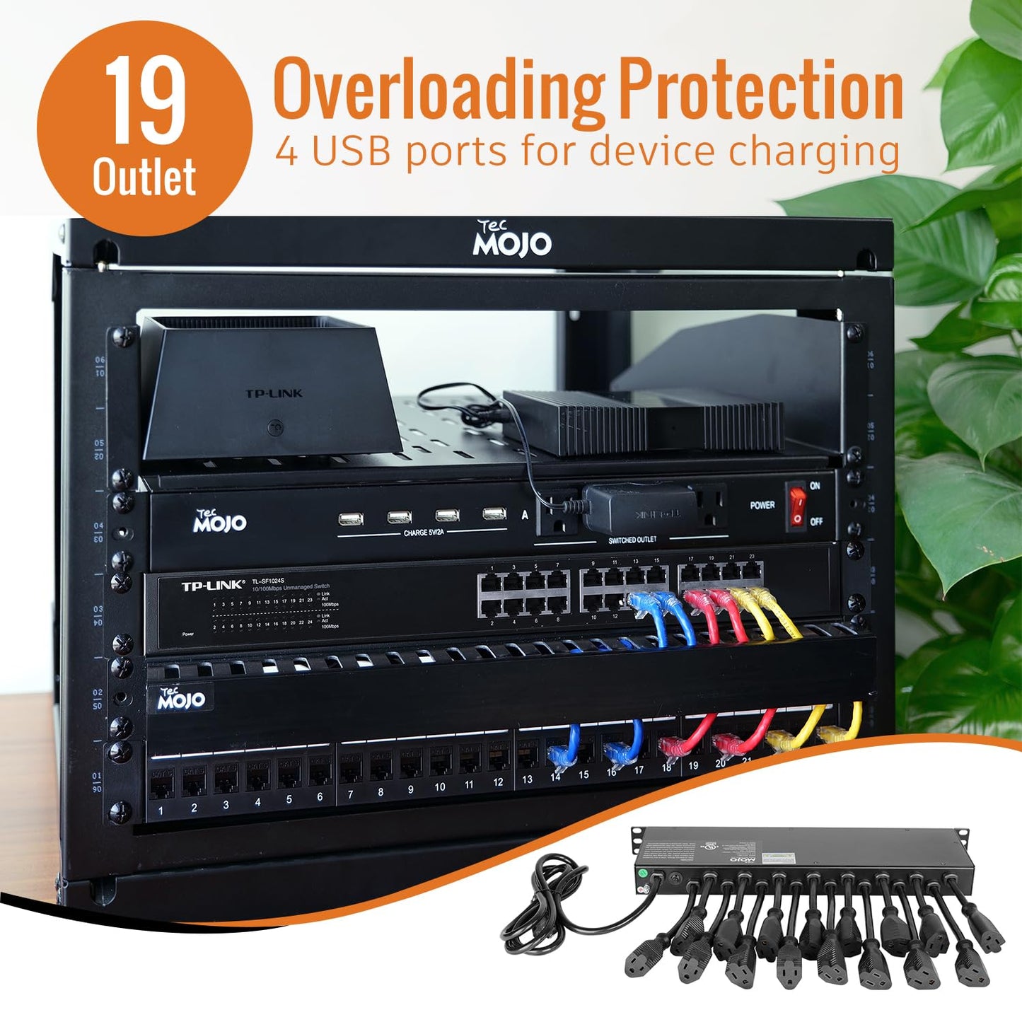 Tecmojo 1U Rack Mount 19 Outlet PDU Power Distribution Unit Power Strip Circuit Breaker fits 19-inch AV/Network/Server Cabinet/Closet/Enclosure