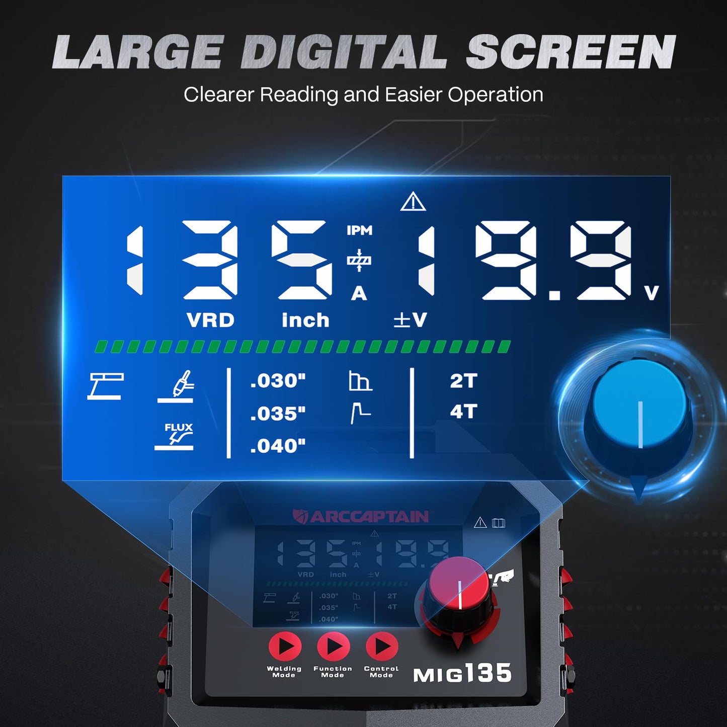 ARCCAPTAIN 135A MIG Welder [Large LED Display] 110V Welder Flux Core MIG, Lift TIG, Stick, 3 in 1 Welding Machine Gasless MIG Welder Machine 110V, IGBT Inverter Welder with Synergy, 2T/4T