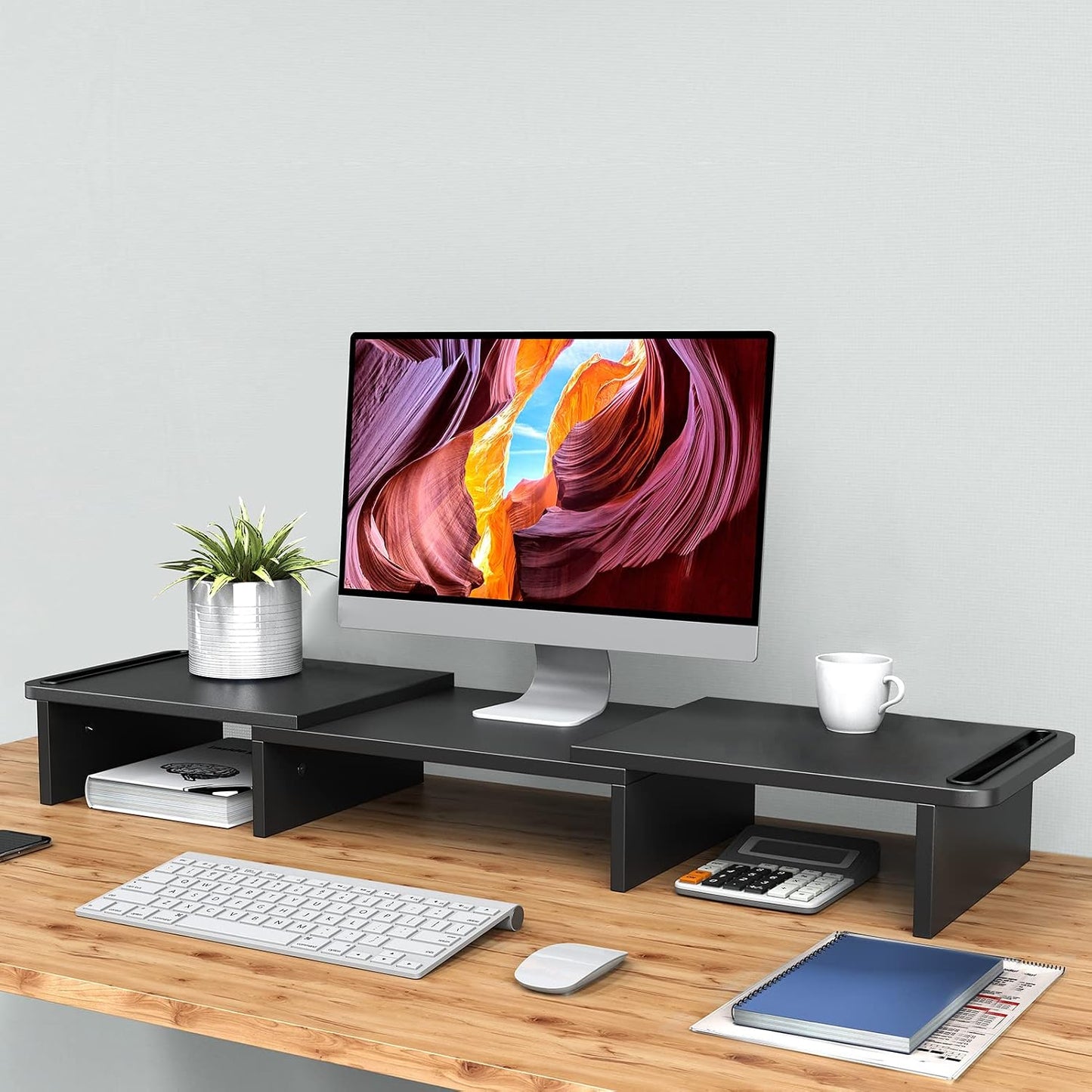 2 Zimilar Dual Monitor Stand Riser, Monitor Stand with Adjustable Length and Angle, Wood Monitor Stand for Desk
